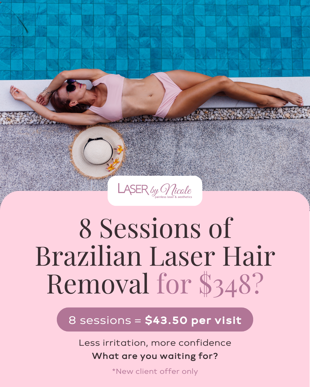 Laser by Nicole Facebook ad: Brazilian Laser Hair Removal, 8 Sessions for $348