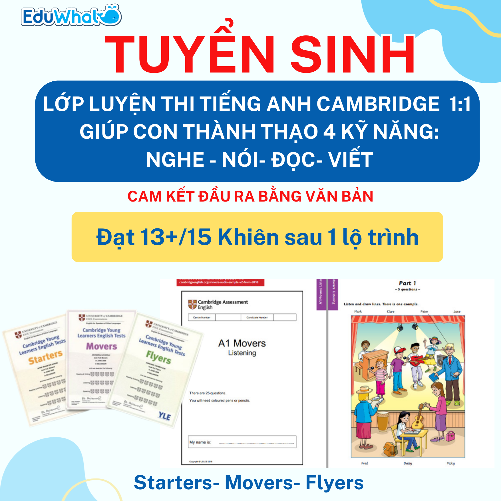 EduWhale Facebook ad: LUYỆN THI CAMBRIDGE 1:1, HỌC NHANH, TIẾN BỘ…