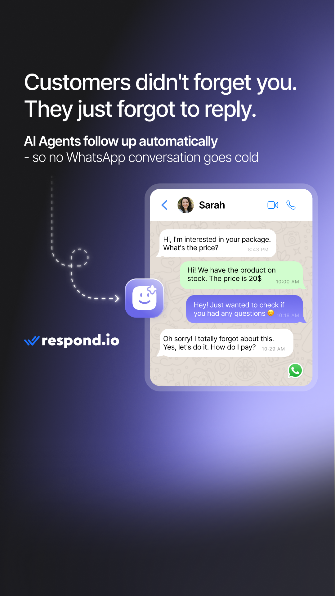 respond.io Facebook ad: Re-engage With Customers Who Stopped Replying, Automatically