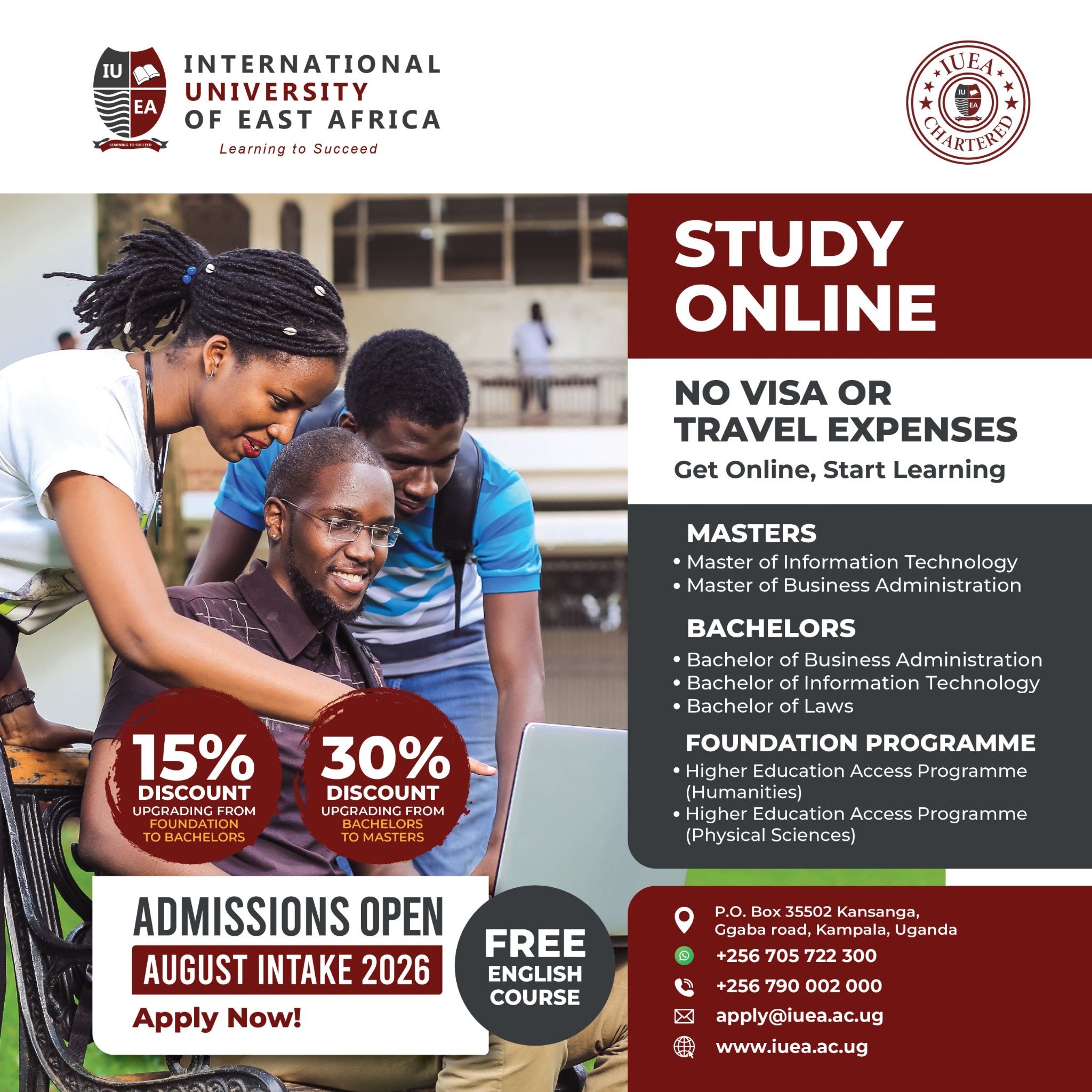 International University of East Africa - IUEA Facebook ad: Apply Now, August 2026