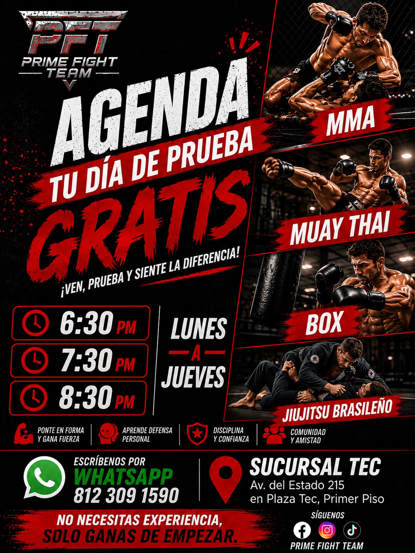 Prime Fight Team Facebook ad: AGENDA TU DÍA DE PRUEBA ¡TOTALMENTE GRATIS!