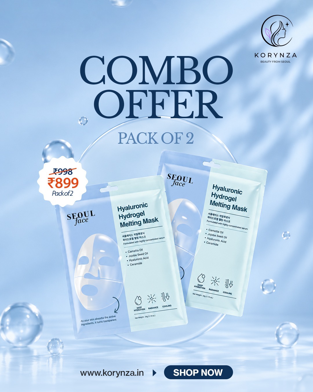 Korynza Facebook ad: Pack of 2 at ₹899 Only Deep Hydration, Instant Glow