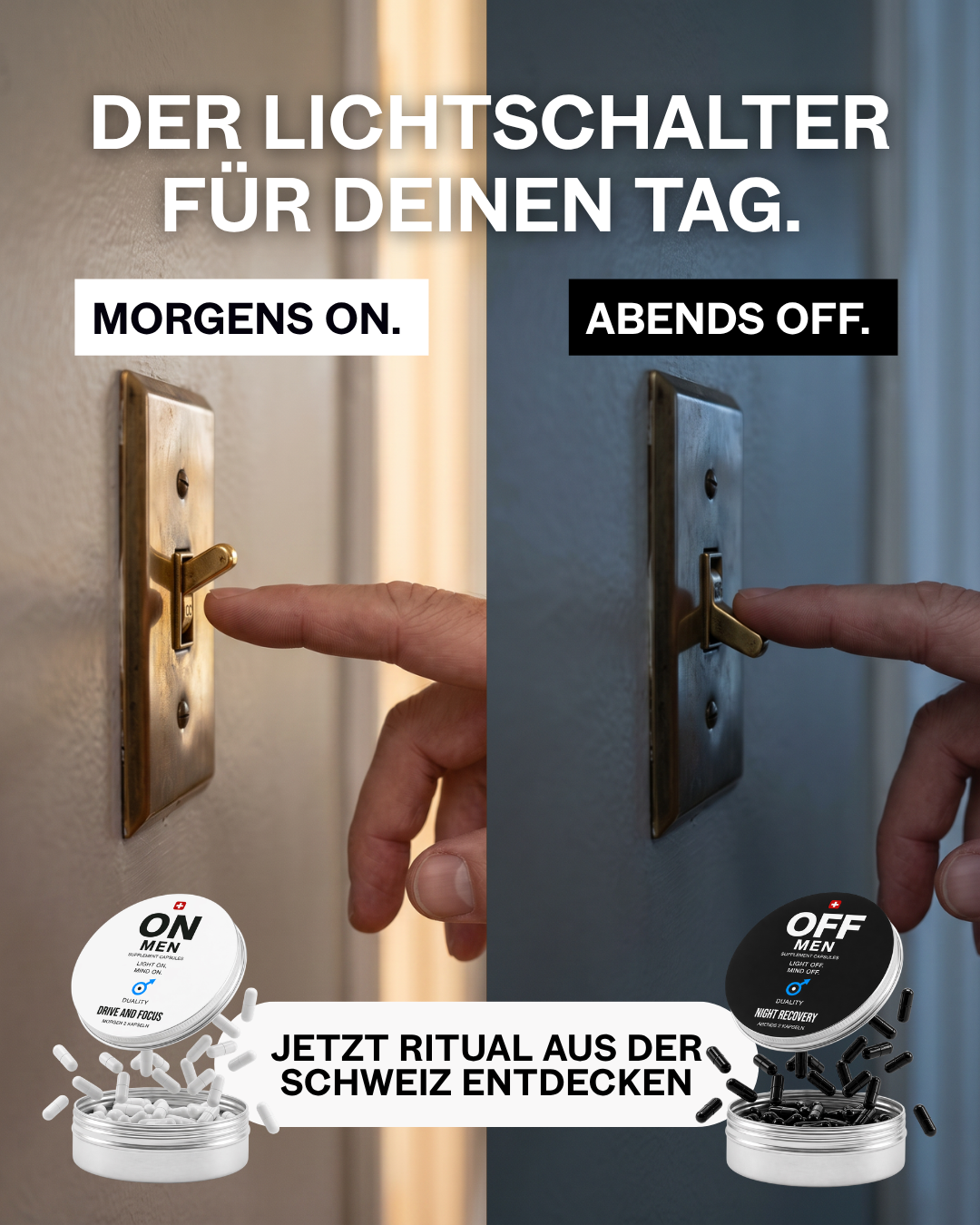 ONOFF Facebook ad: ON morgens. OFF abends.