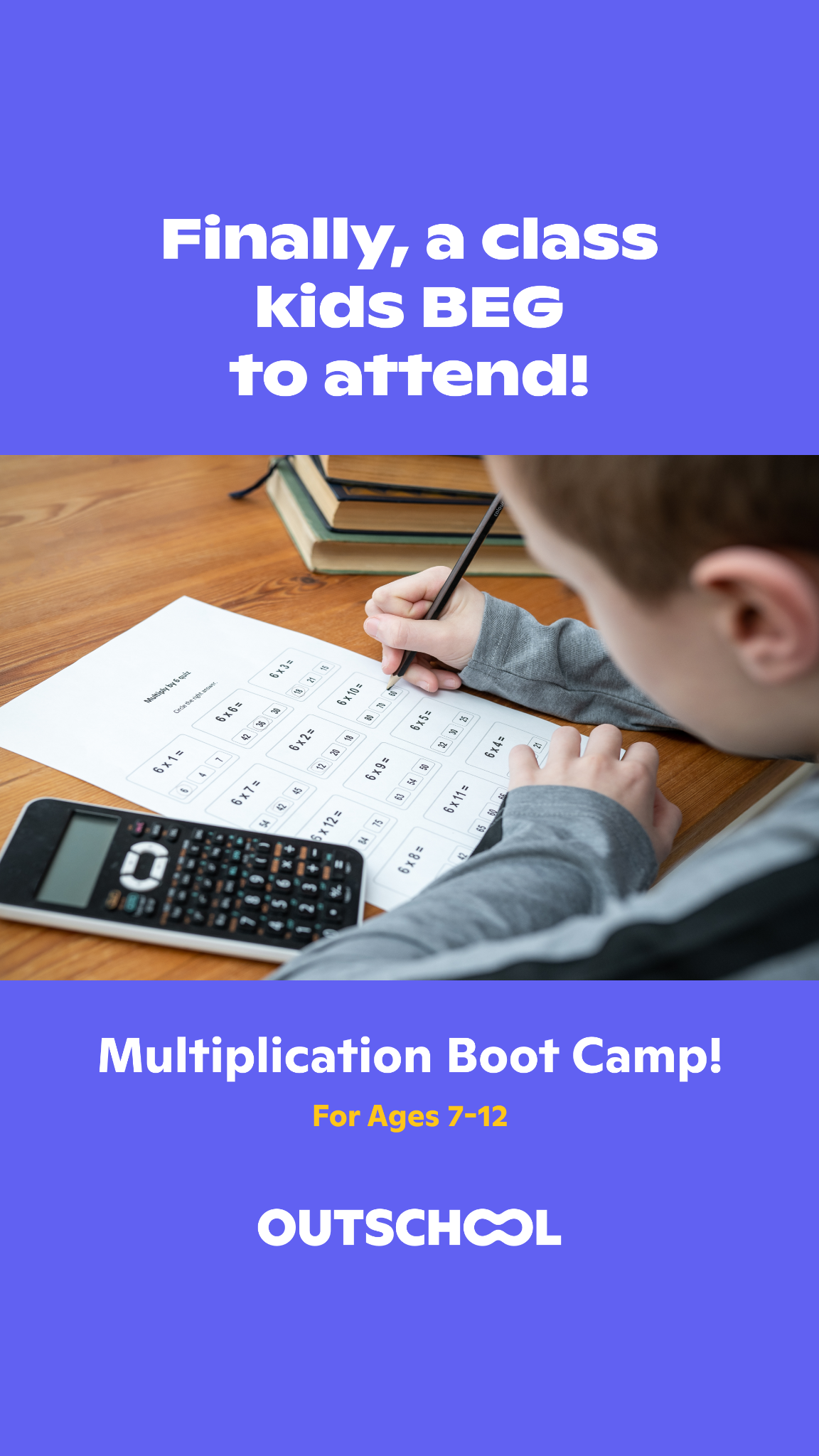 Outschool Facebook ad: SALE Multiplication Boot Camp! FLEX Summer Solve, Memorize…