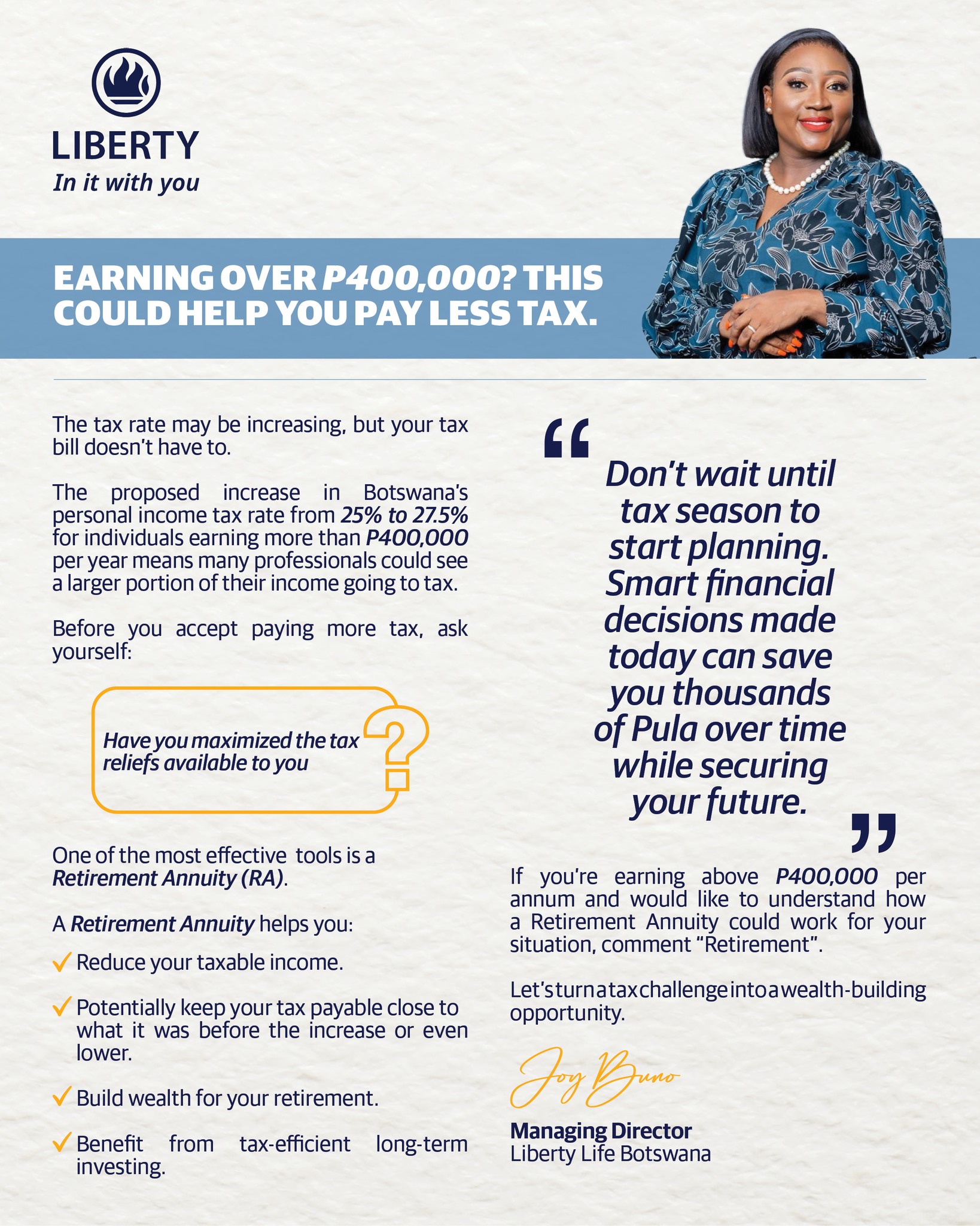 Liberty Life Botswana Facebook ad: Earning over P400,000 a year?