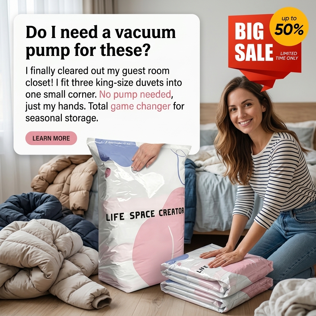 Coffroutils Facebook ad: No-Pump Vacuum Storage Compression Bags