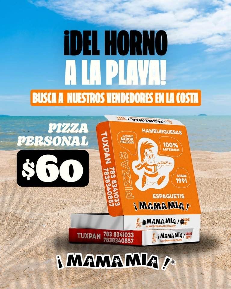 Mama Mia Pizzas Facebook ad: ¡Pizza, sol y playa!