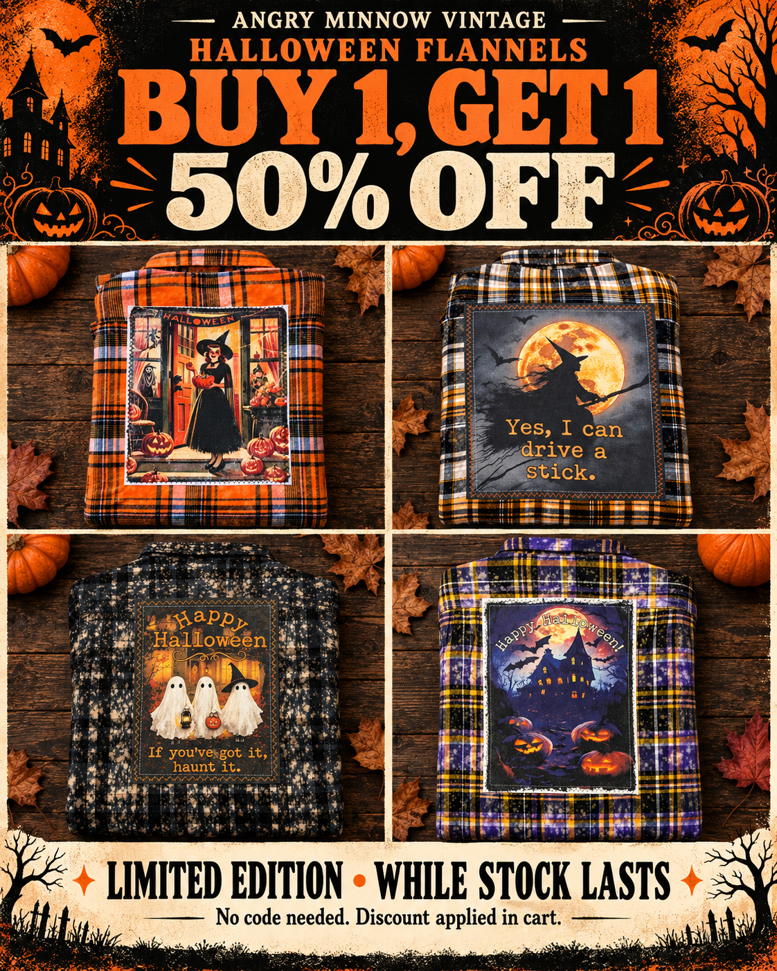Angry Minnow Vintage Facebook ad: Halloween BOGO 50% Off