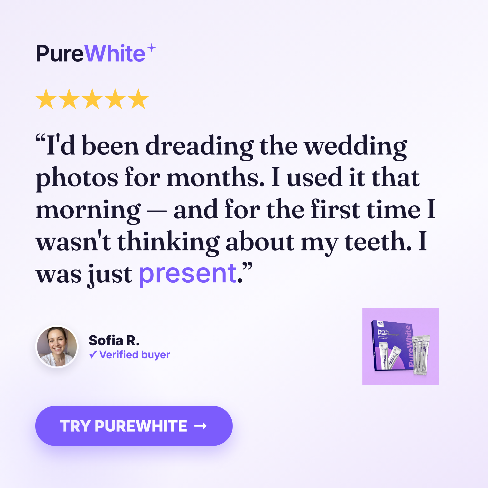 PureWhite Facebook ad: Yellow Teeth? Fix It In 30 Seconds
