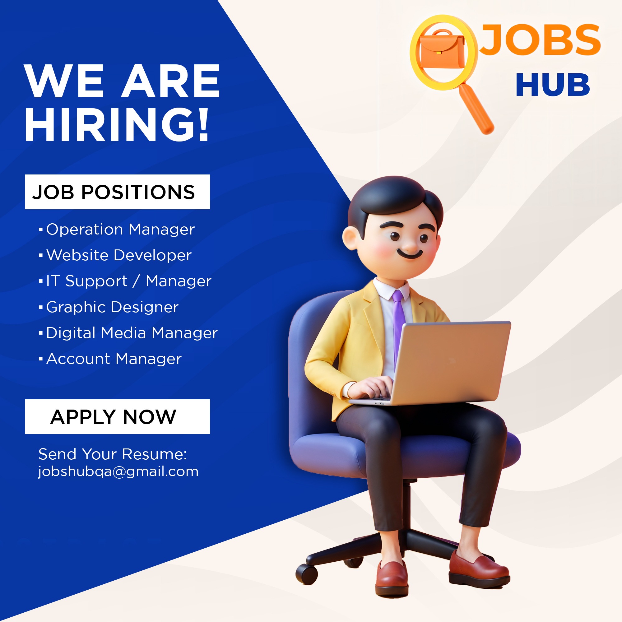 JOBS HUB Facebook ad: We're hiring for the following positions