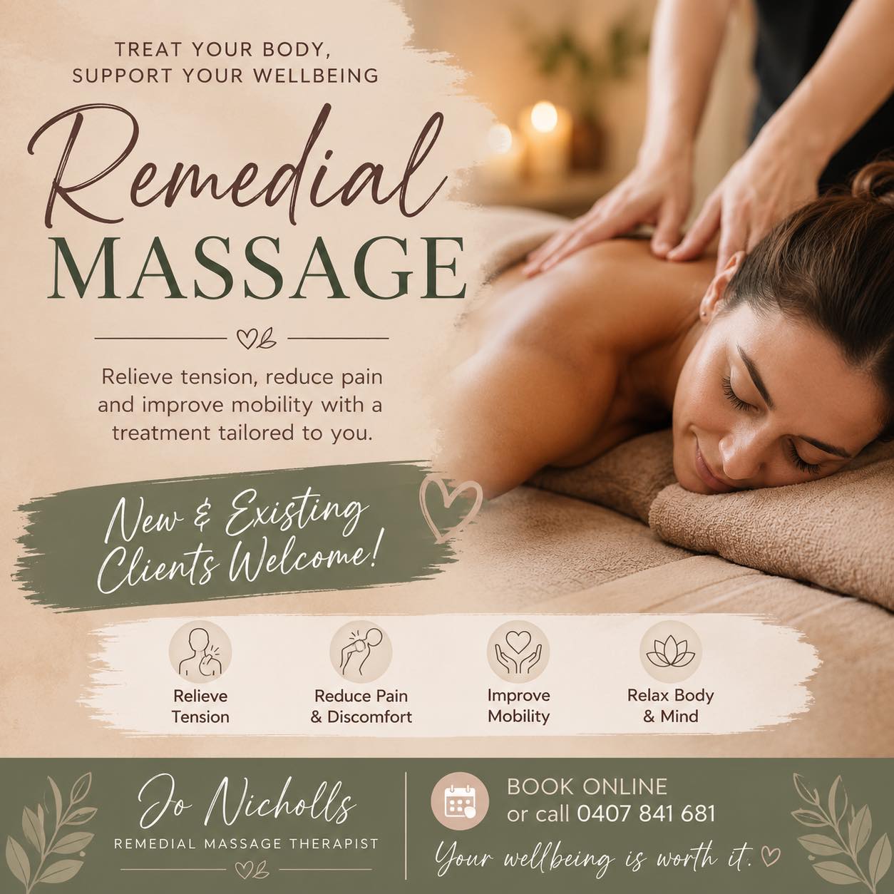 Jo Nicholls Remedial Massage Therapist Facebook ad