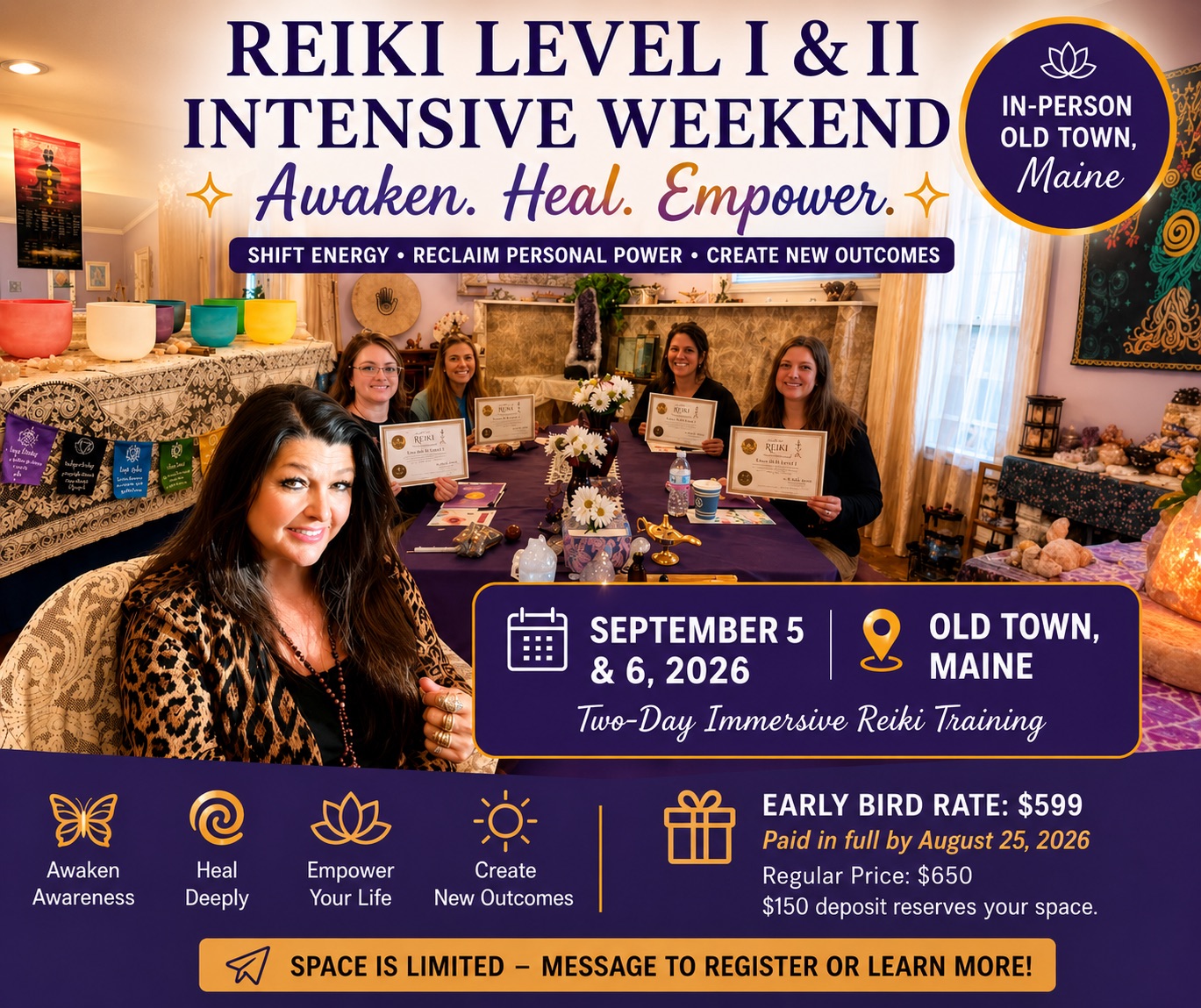Kathy Thurston Body Mind Spirit Center Facebook ad: REIKI Level l & ll INTENSIVE WEEKEND ~ * Shift Energy…
