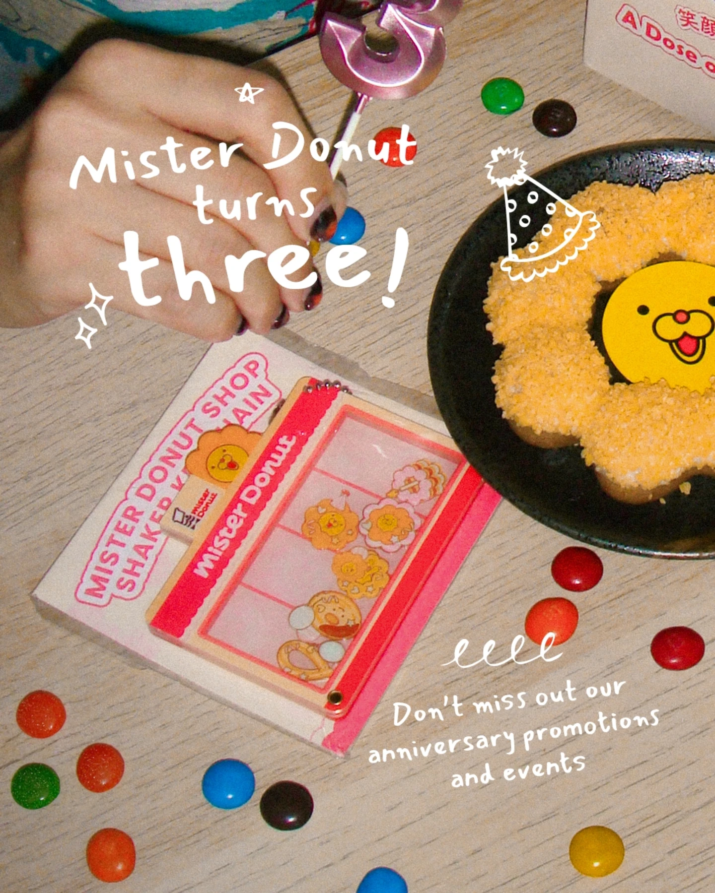 Mister Donut Singapore Facebook ad: We've turned 3, and we're celebrating with YOU!
