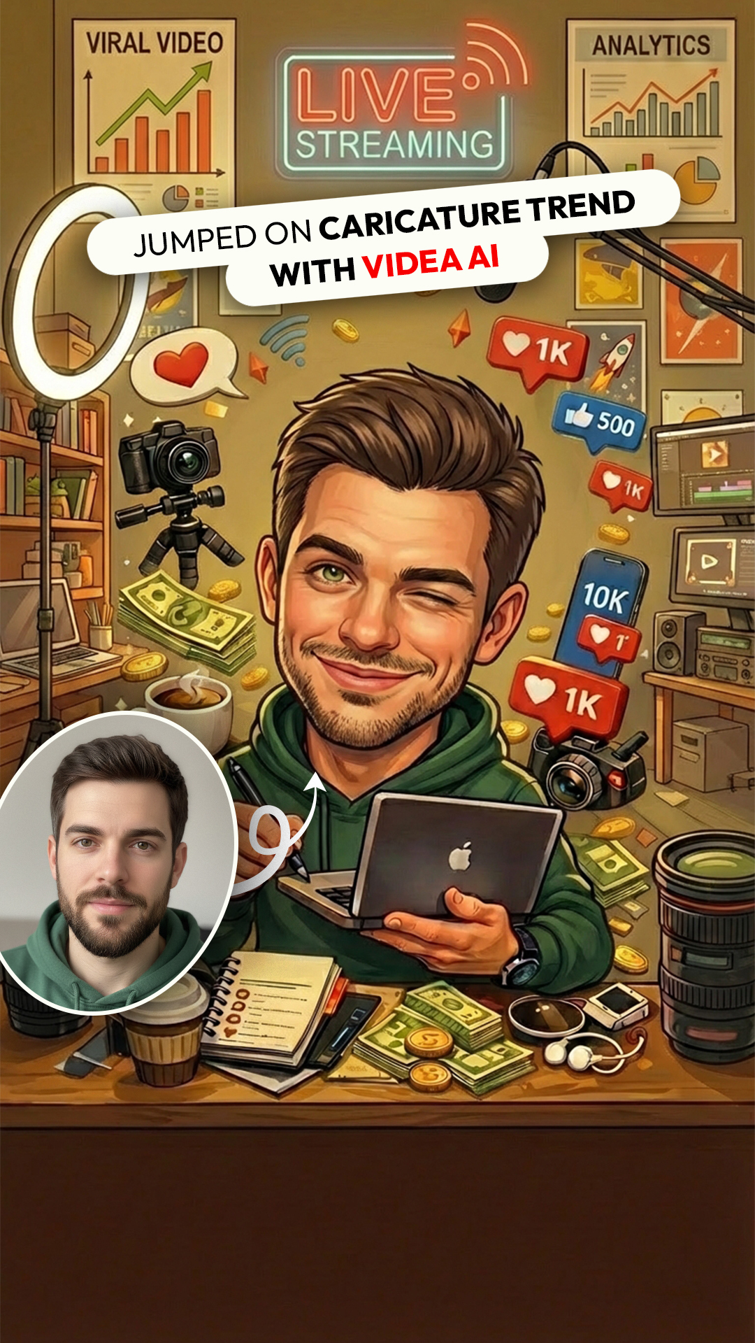 AI Video Generator, Art: Videa Facebook ad: Jump into your own cartoon world! Start now
