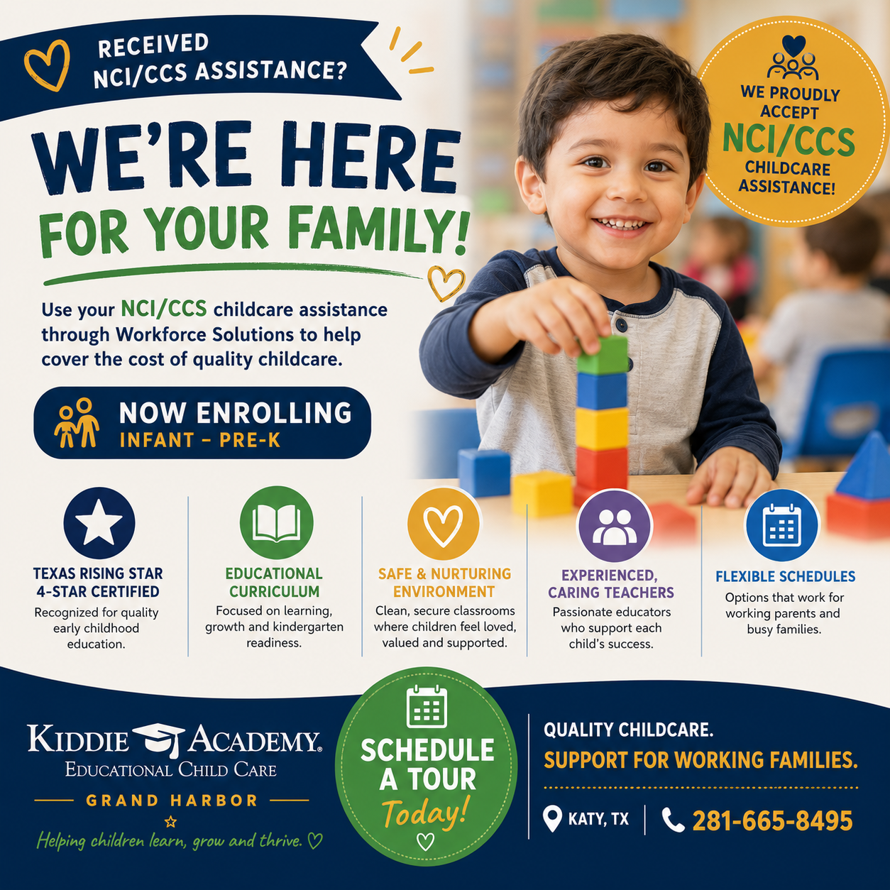Kiddie Academy of Grand Harbor in Katy Facebook ad: Use Your NCI/CCS Benefits
