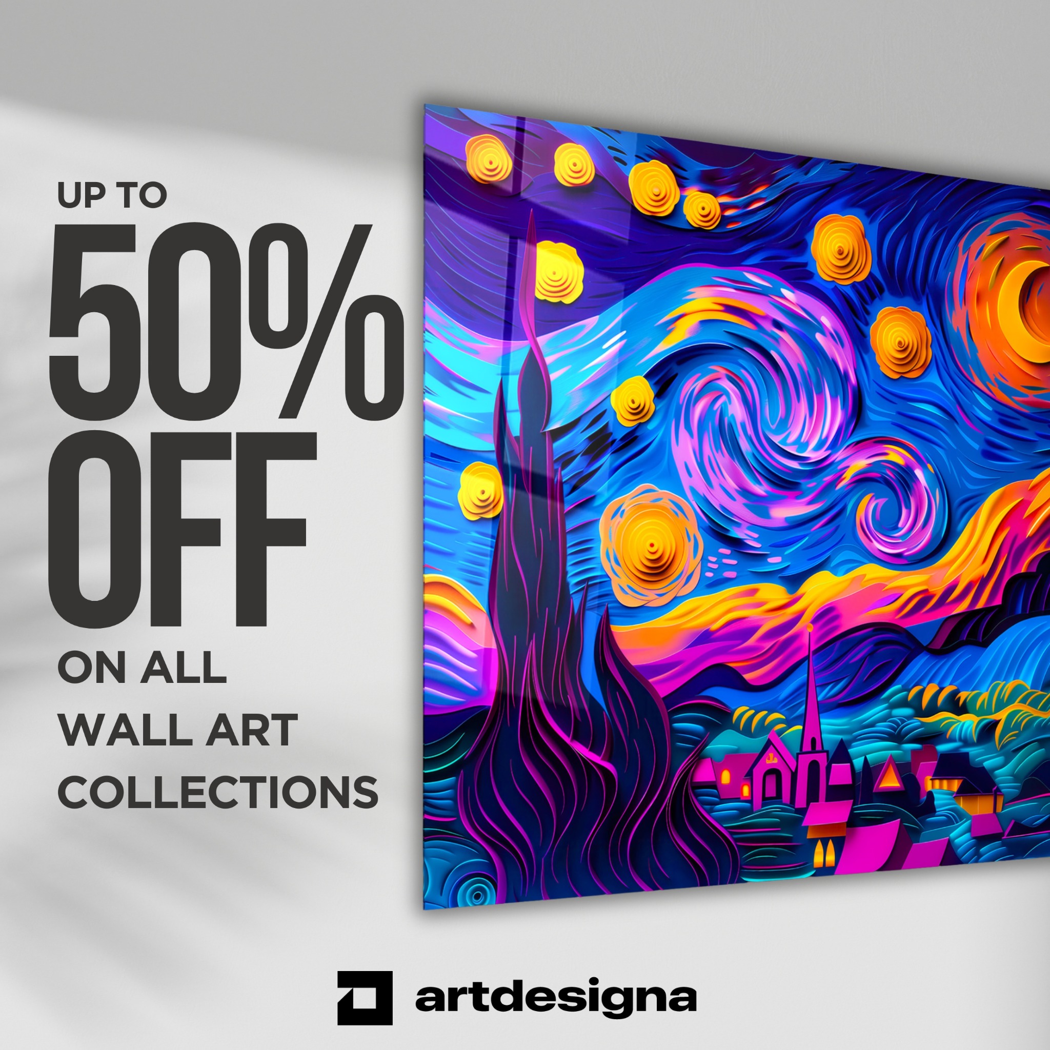 ArtDesigna Facebook ad: Up to 50% Off & Free Shipping