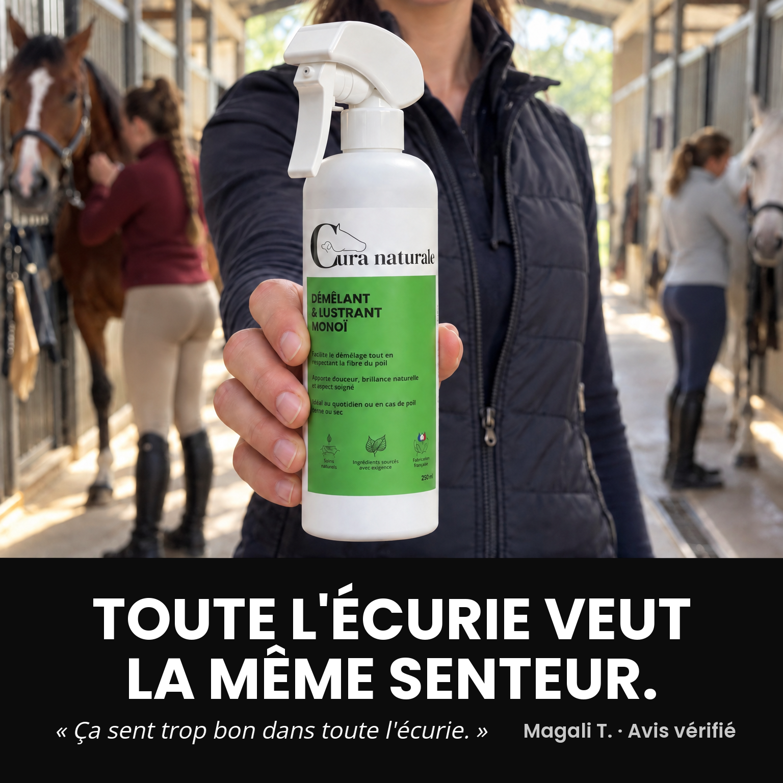Cura naturale Facebook ad: Démêlant & lustrant pour cheval · Note 4,8/5