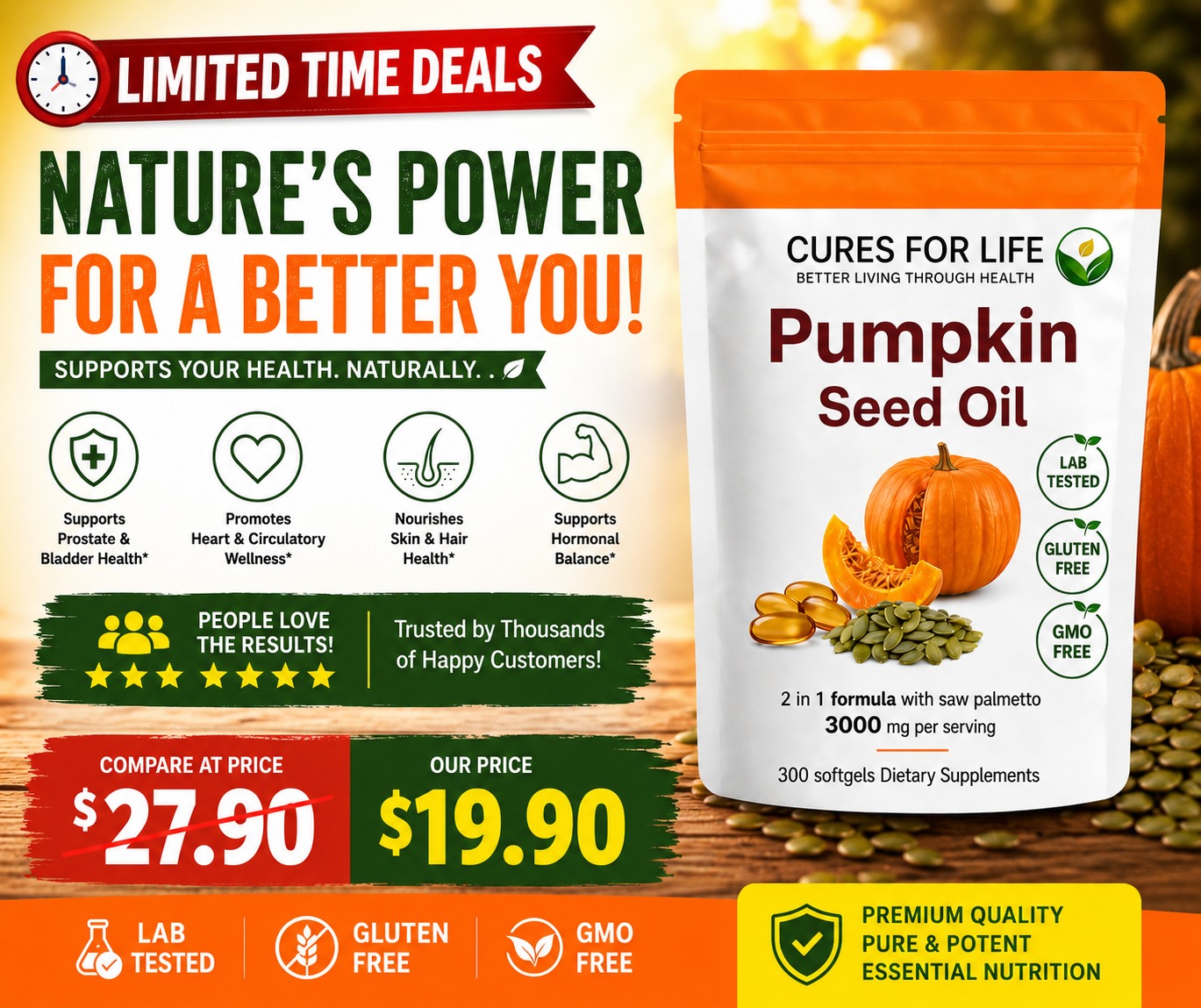 Cures for life Facebook ad: Pumpkin Seed Oil with Saw Palmetto, Prostate & Hair Health