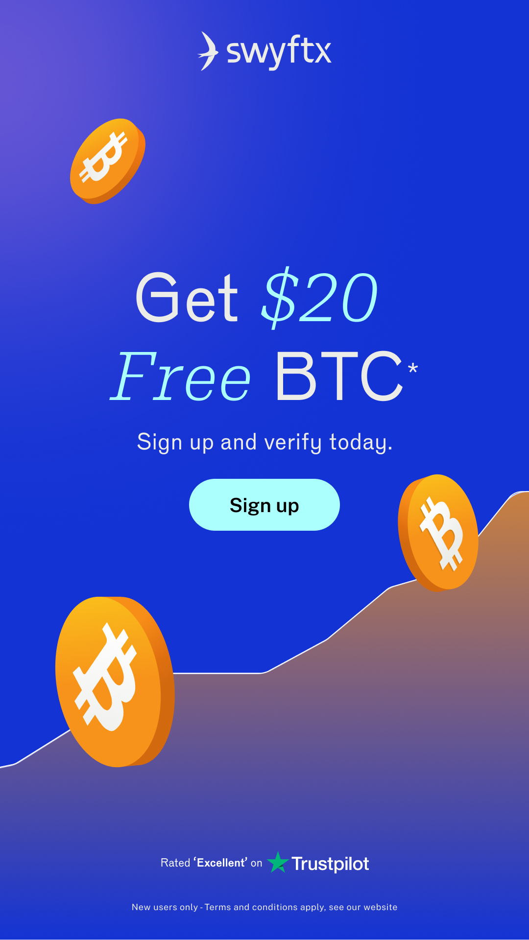 Swyftx Facebook ad: Sign up & get $20 free Bitcoin on us