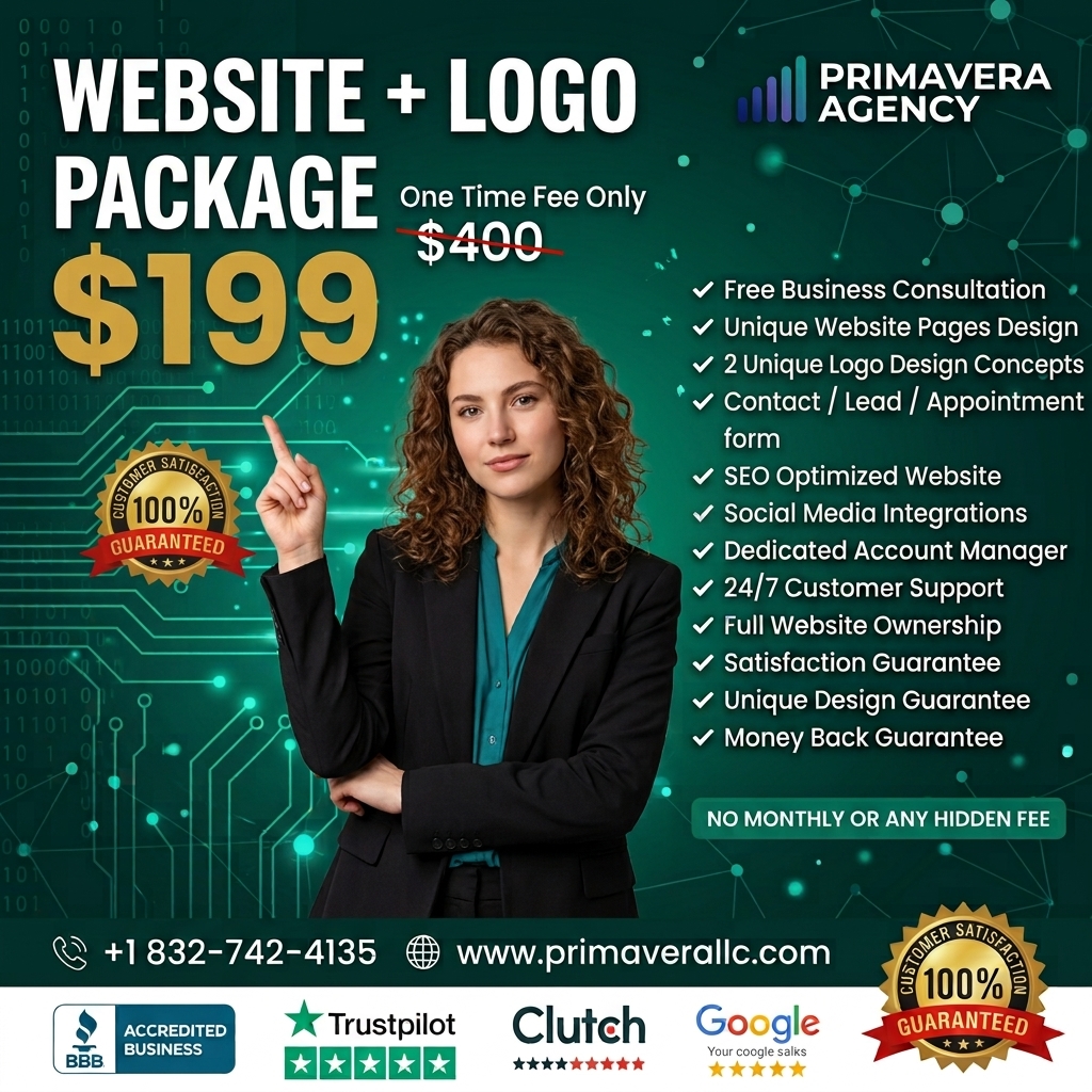 Primavera Agency Facebook ad: Custom Business Website + Free Logo Design | From $199