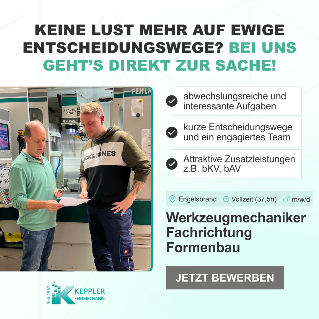 Keppler Feinmechanik Facebook ad: Werde unser Werkzeugmechaniker (m/w/d) im Formenbau!