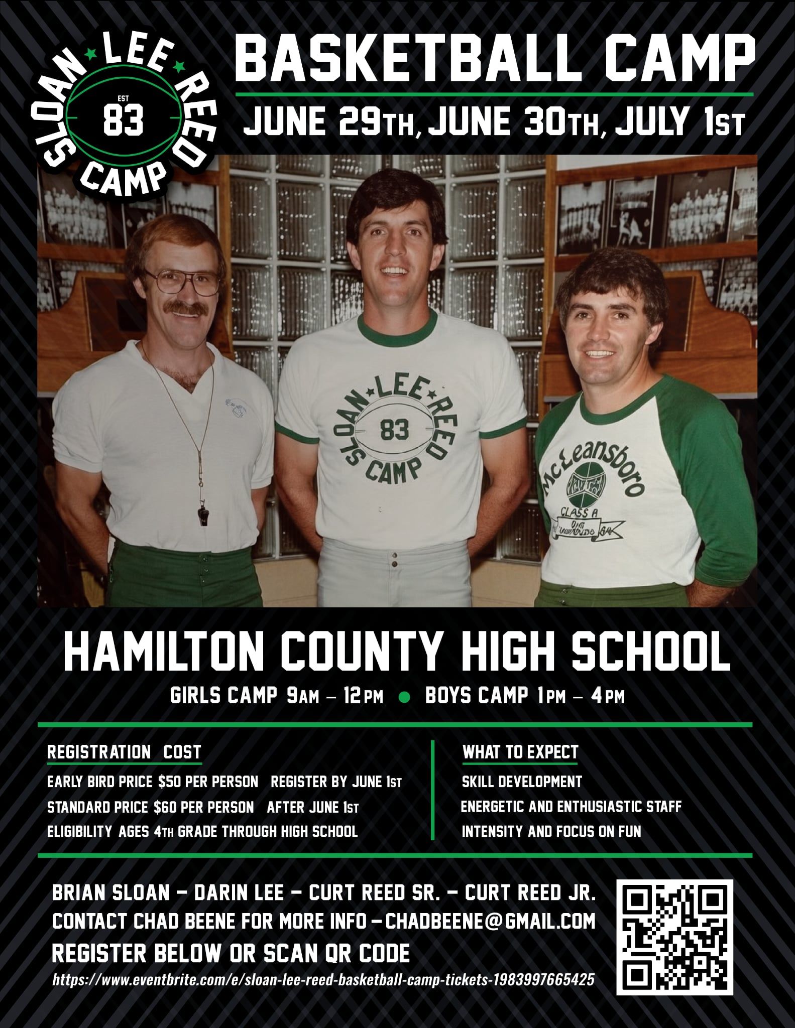 Sloan-Lee-Reed Basketball Camp Facebook ad: Register with the QR code or the event…