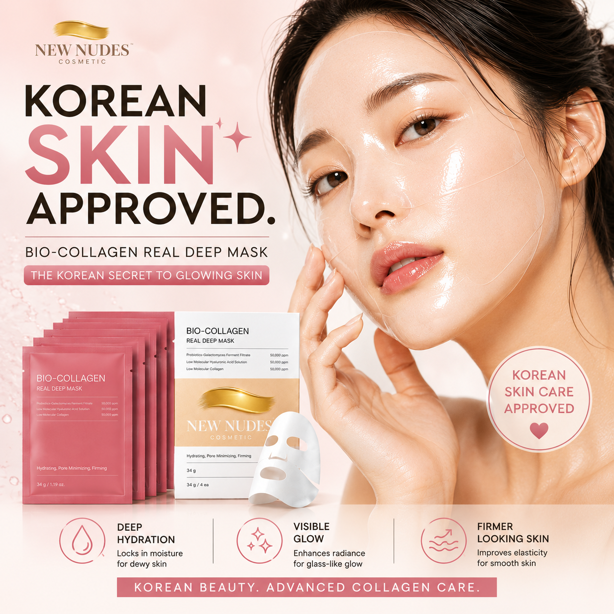 Newnudescosmetic Facebook ad: Replenish Collagen. Reduce Wrinkles. Glow.