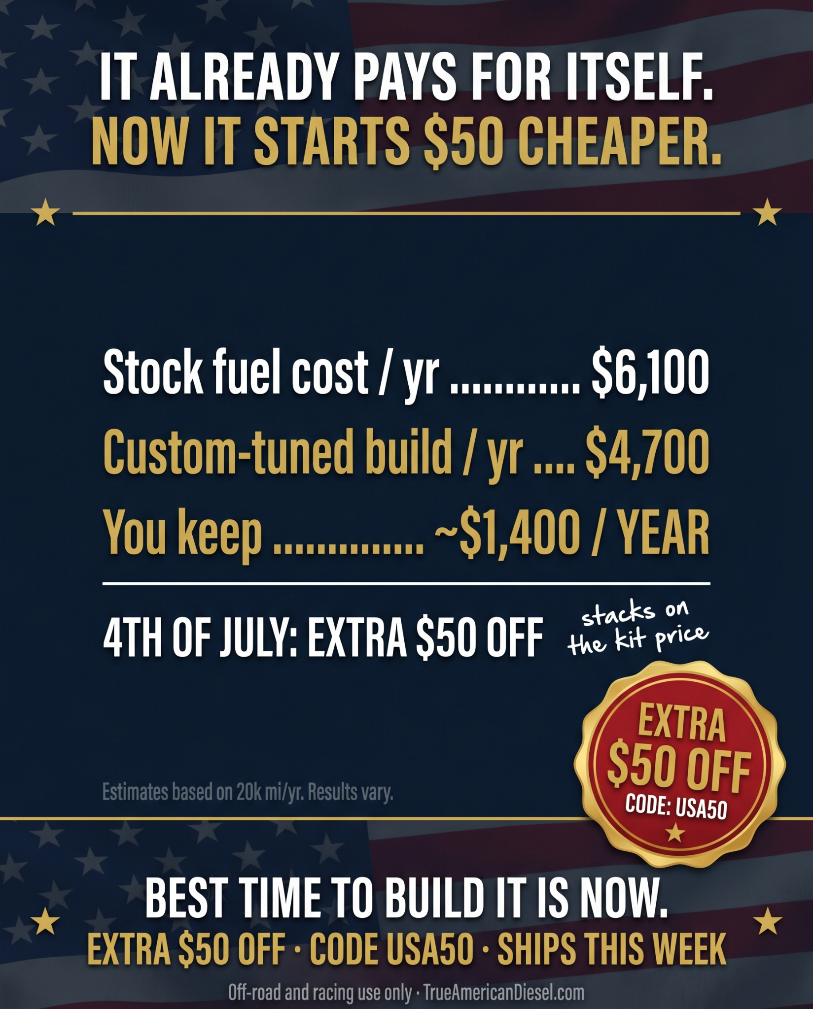 True American Diesel Facebook ad: Built in America. Extra $50 Off This Weekend.