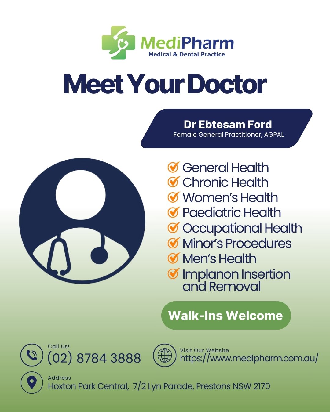 MediPharm Hoxton Park Central Facebook ad: Prestons Family Female GP-Walk-Ins Welcome!