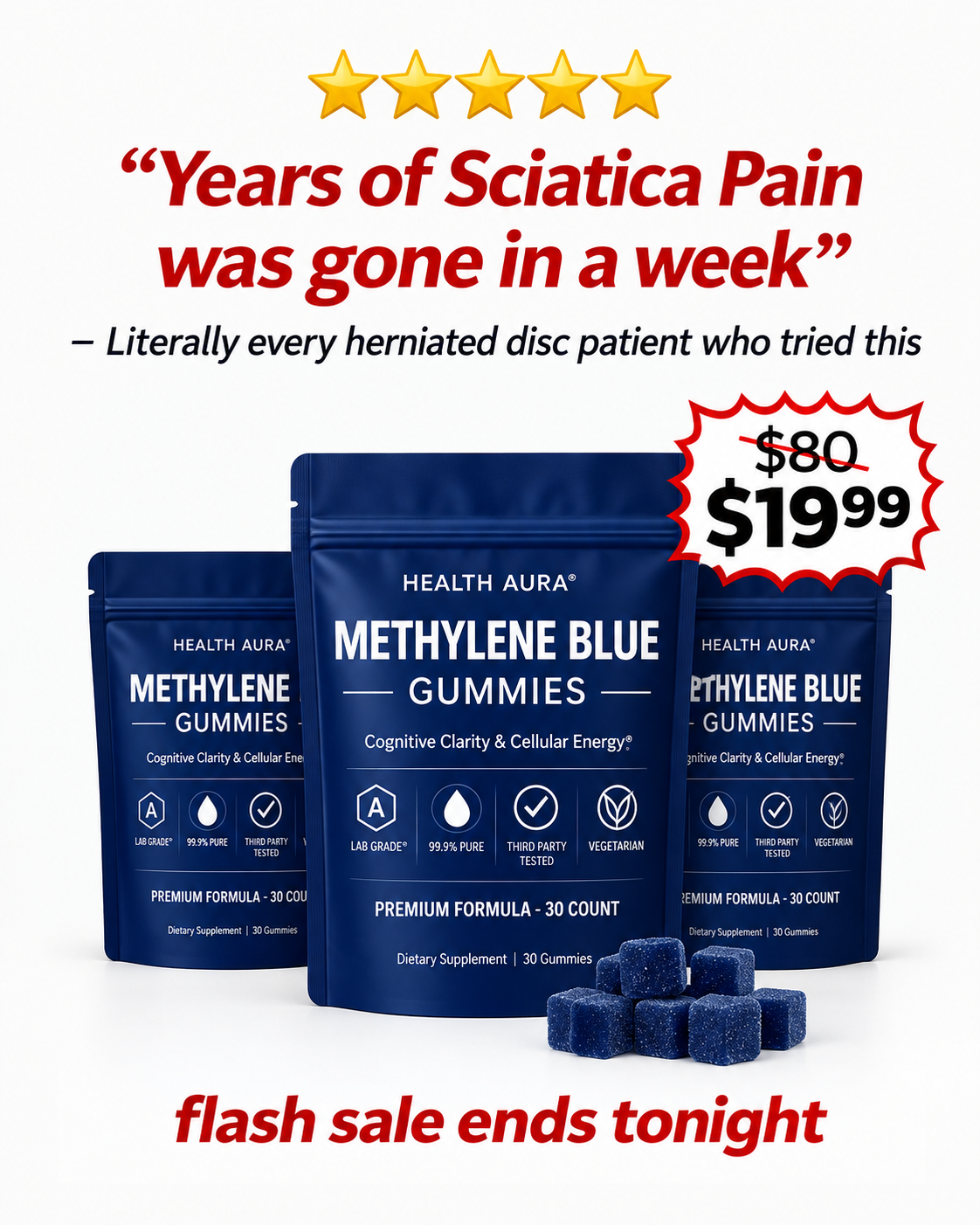 The Pain-Free Aging Report Facebook ad: I tell my patients to try methylene blue gummies every…
