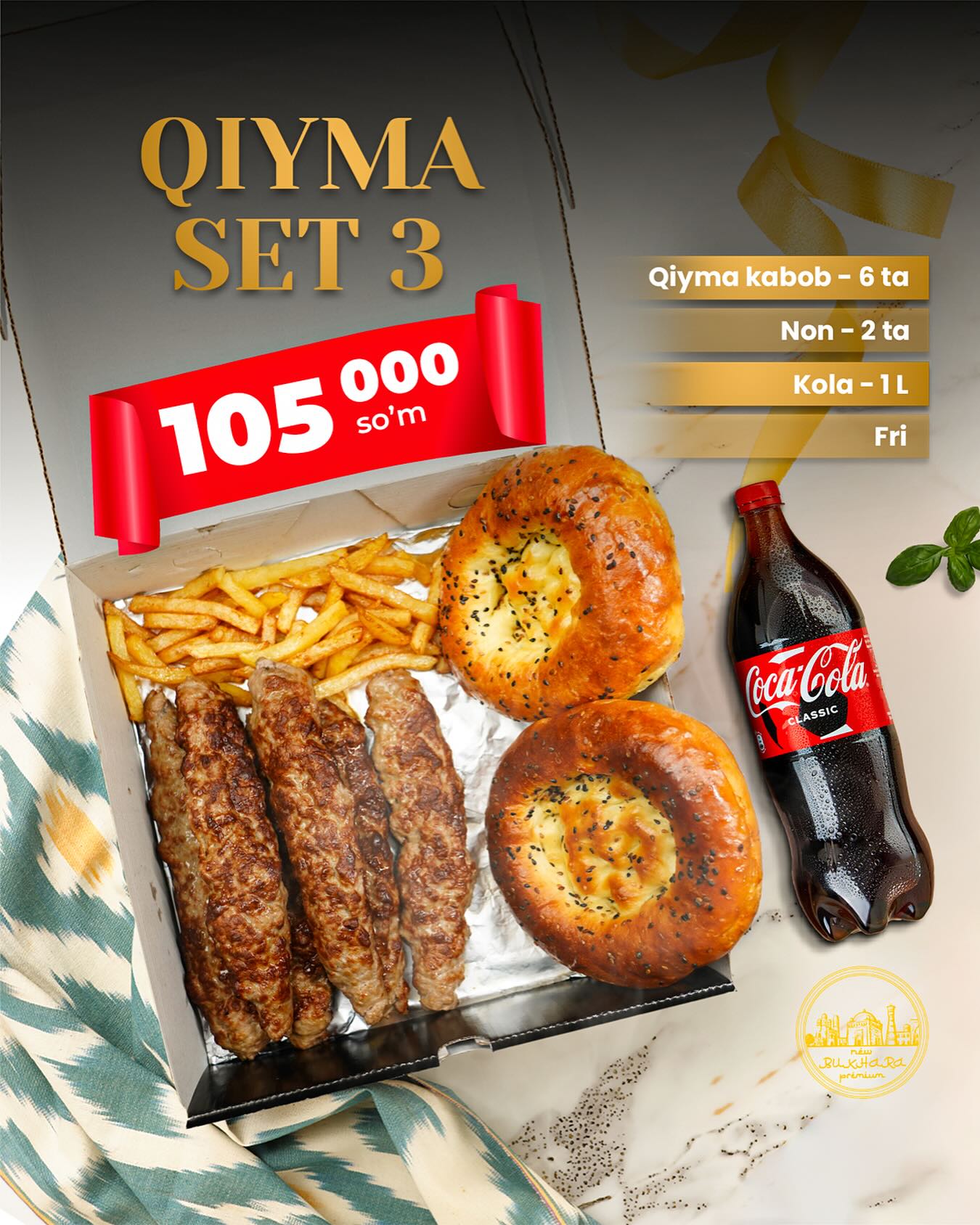 New Bukhara Premium Facebook ad: Siz 105.000 so’m evaziga mazali «Qiyma set 3»ga…