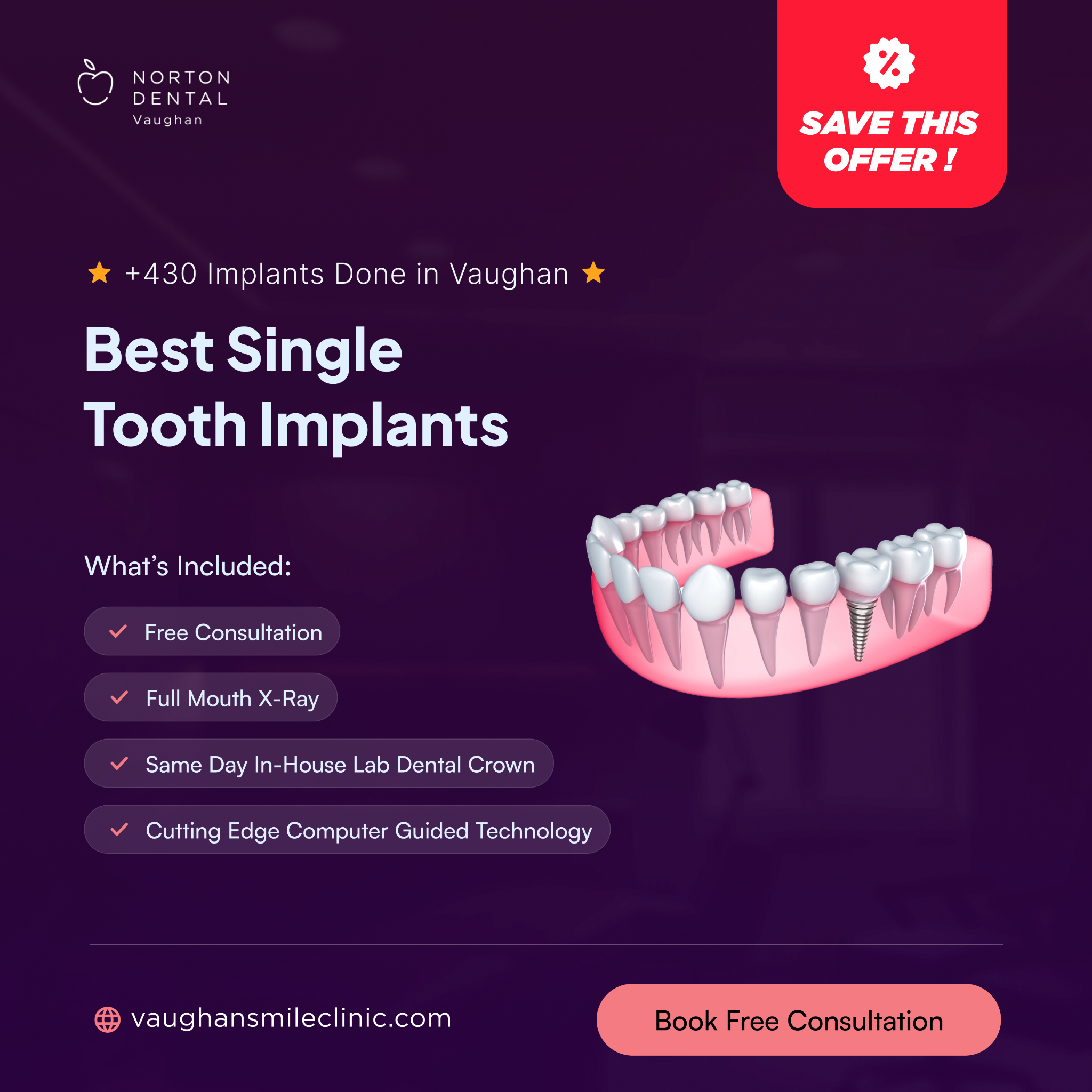 Vaughan Smile Clinic Facebook ad: Best Single Tooth Implants, Advanced Technology…