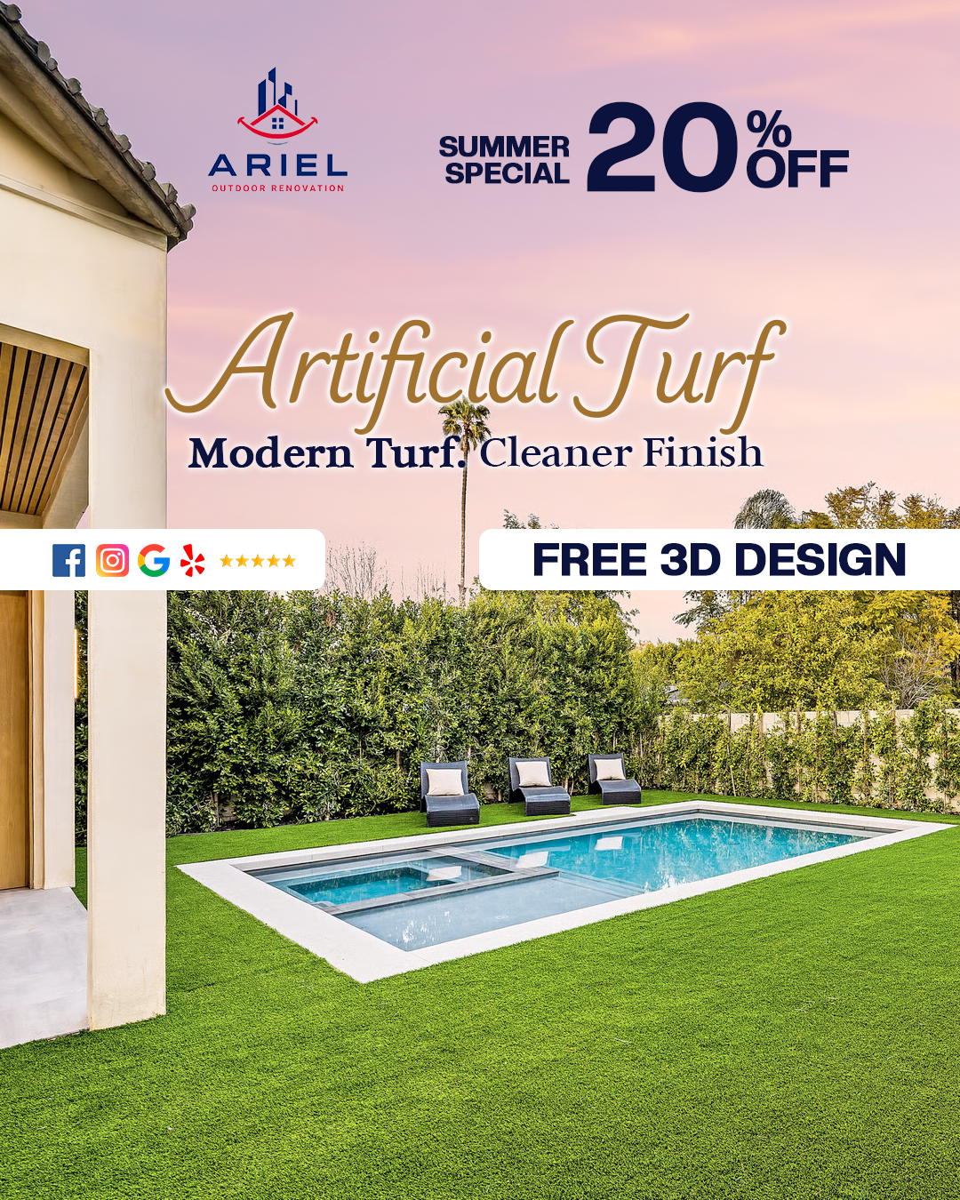 Ariel Outdoor Renovations Facebook ad: 20% Off Artificial Turf This Summer