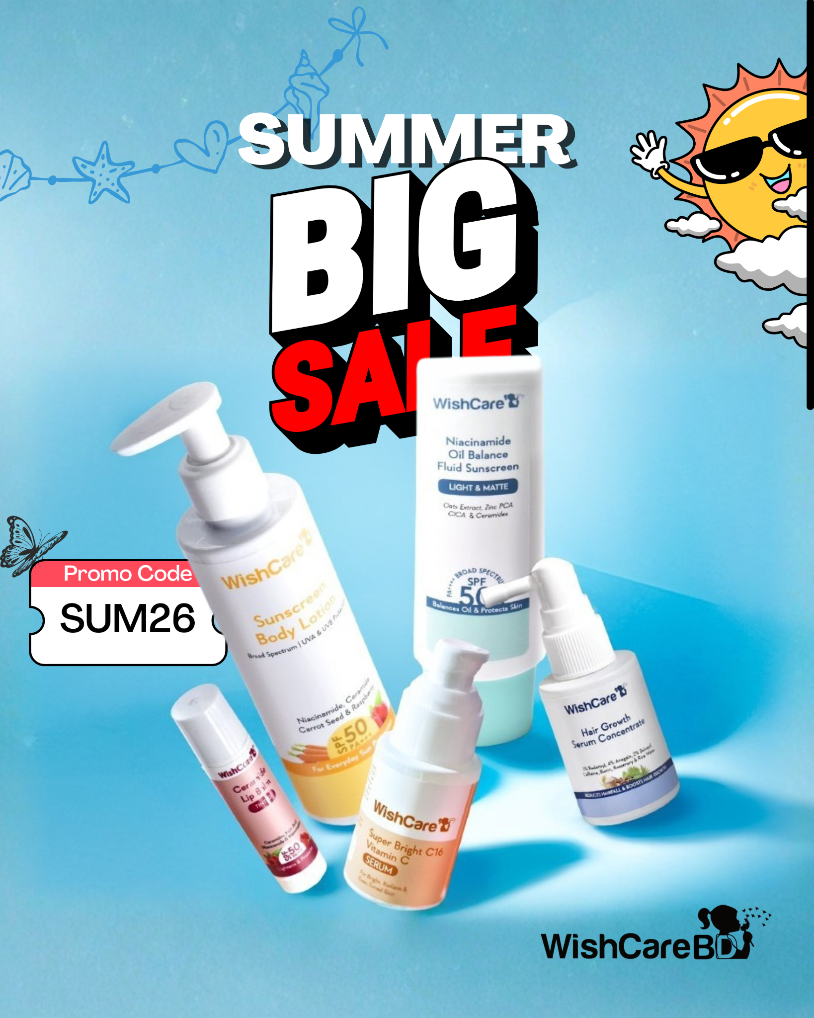 WishCare BD Facebook ad: SunCare থেকে HairCare, সব পণ্যে ডিসকাউন্ট!