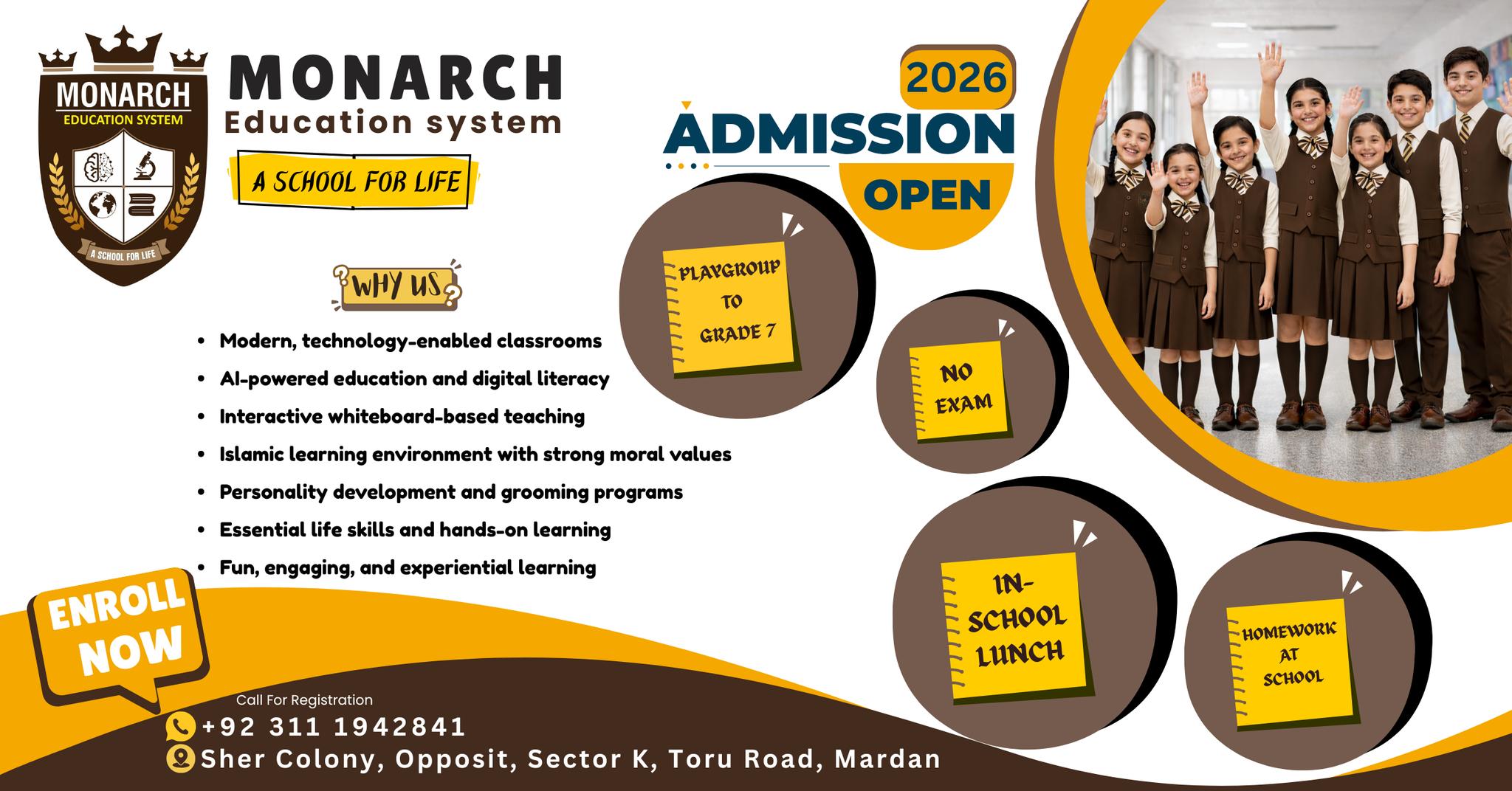 Monarch Education System Facebook ad: Admissions Open for 2026 at Monarch Education System!