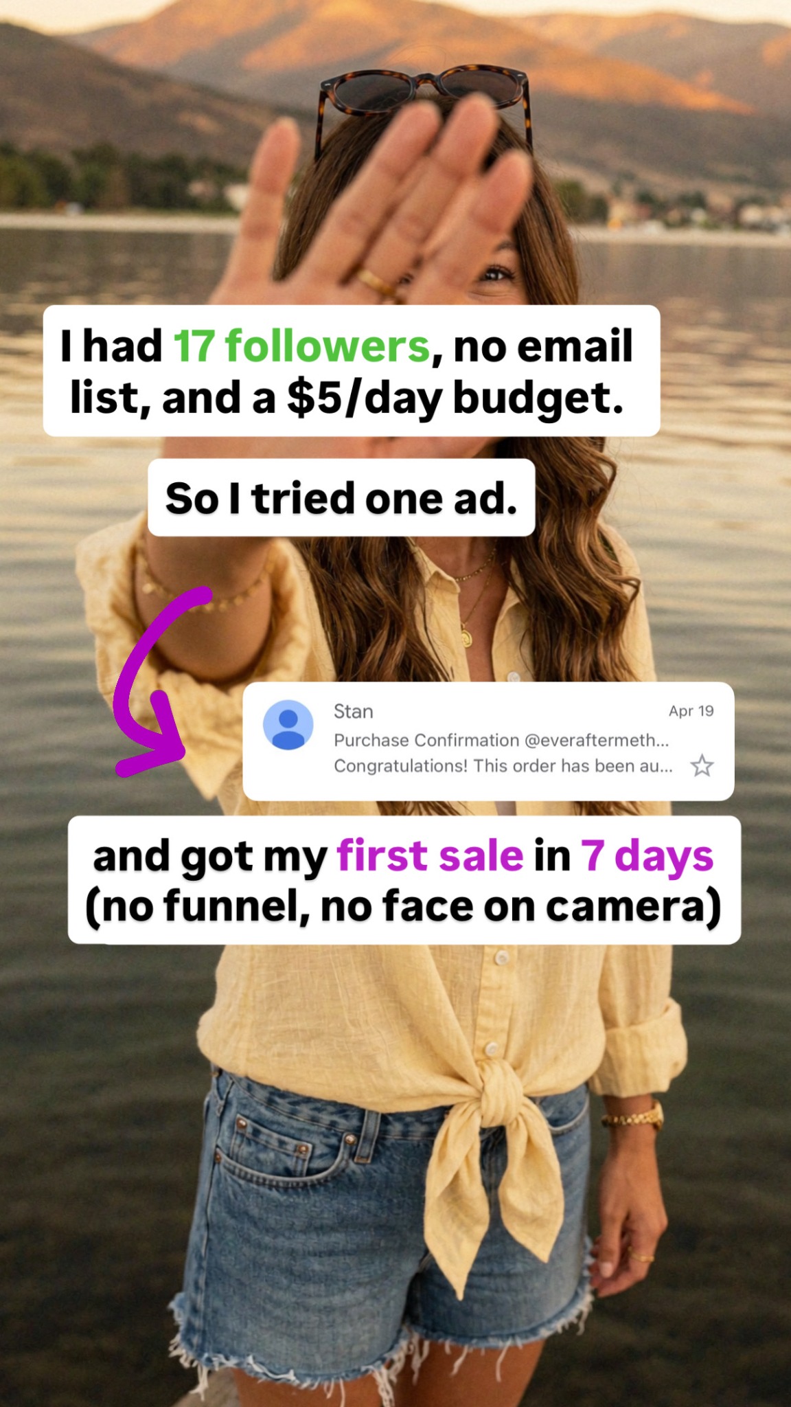 Ever After Method Facebook ad: first sale with 17 followers and $5 a day