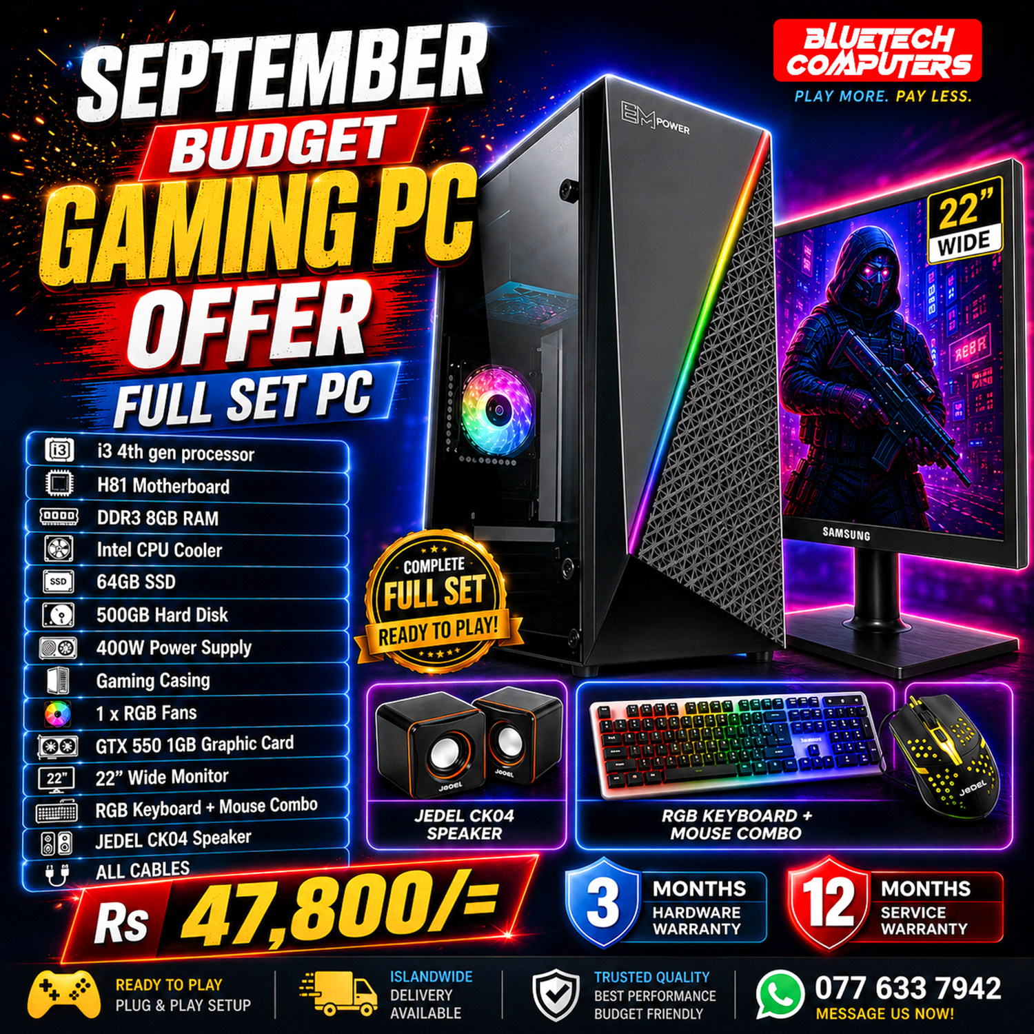 BlueTech Computers Facebook ad: Budget Gaming PC Full Set, Rs. 47,800/-