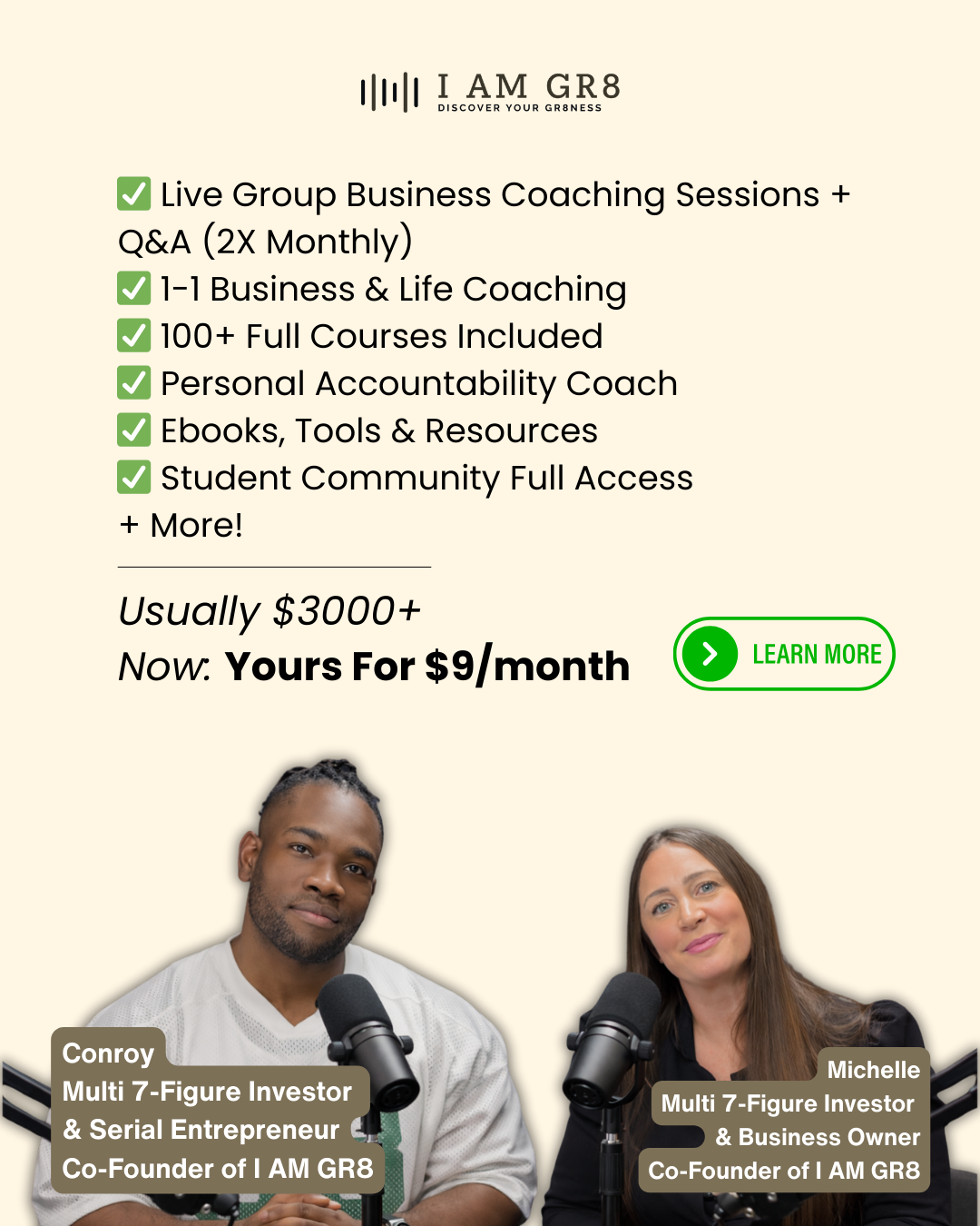 Iamgr8 Academy Facebook ad: $3000+ worth of life & business coaching. $9/month.