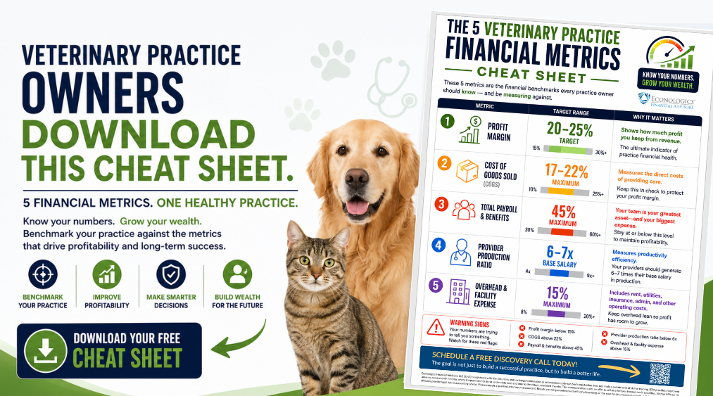 Econologics Financial Advisors Facebook ad: Free Veterinary Practice Financial Metrics Cheat Sheet