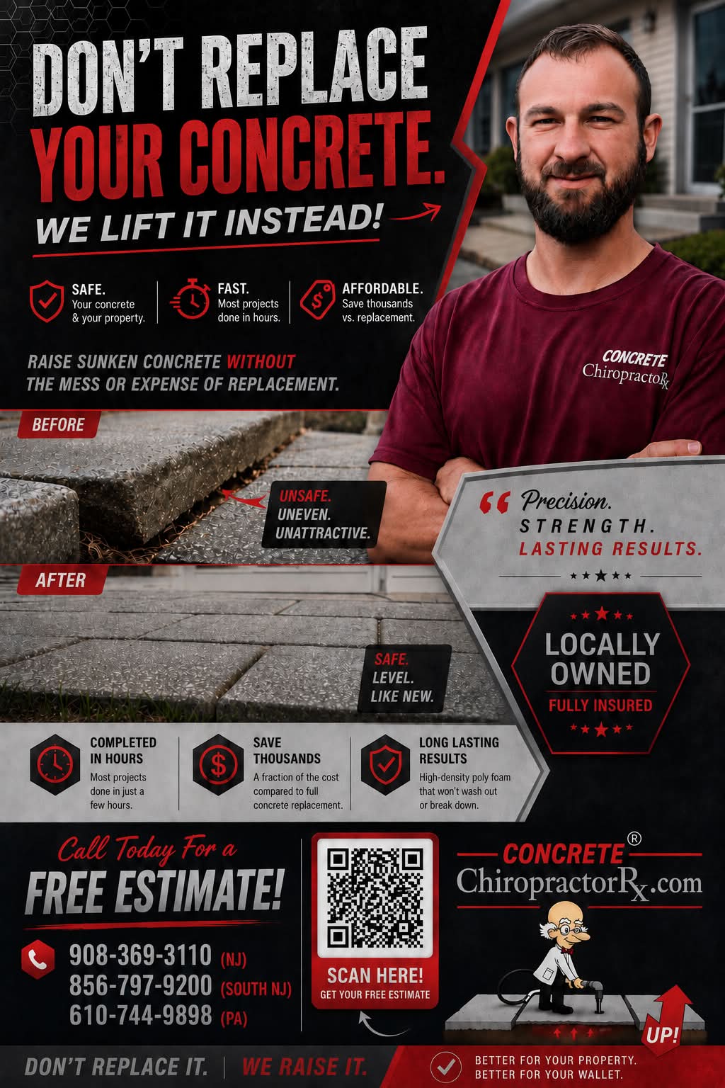Concrete Chiropractor Concrete Leveling & Mudjacking Facebook ad: Settled Concrete? We raise it, You save Money!