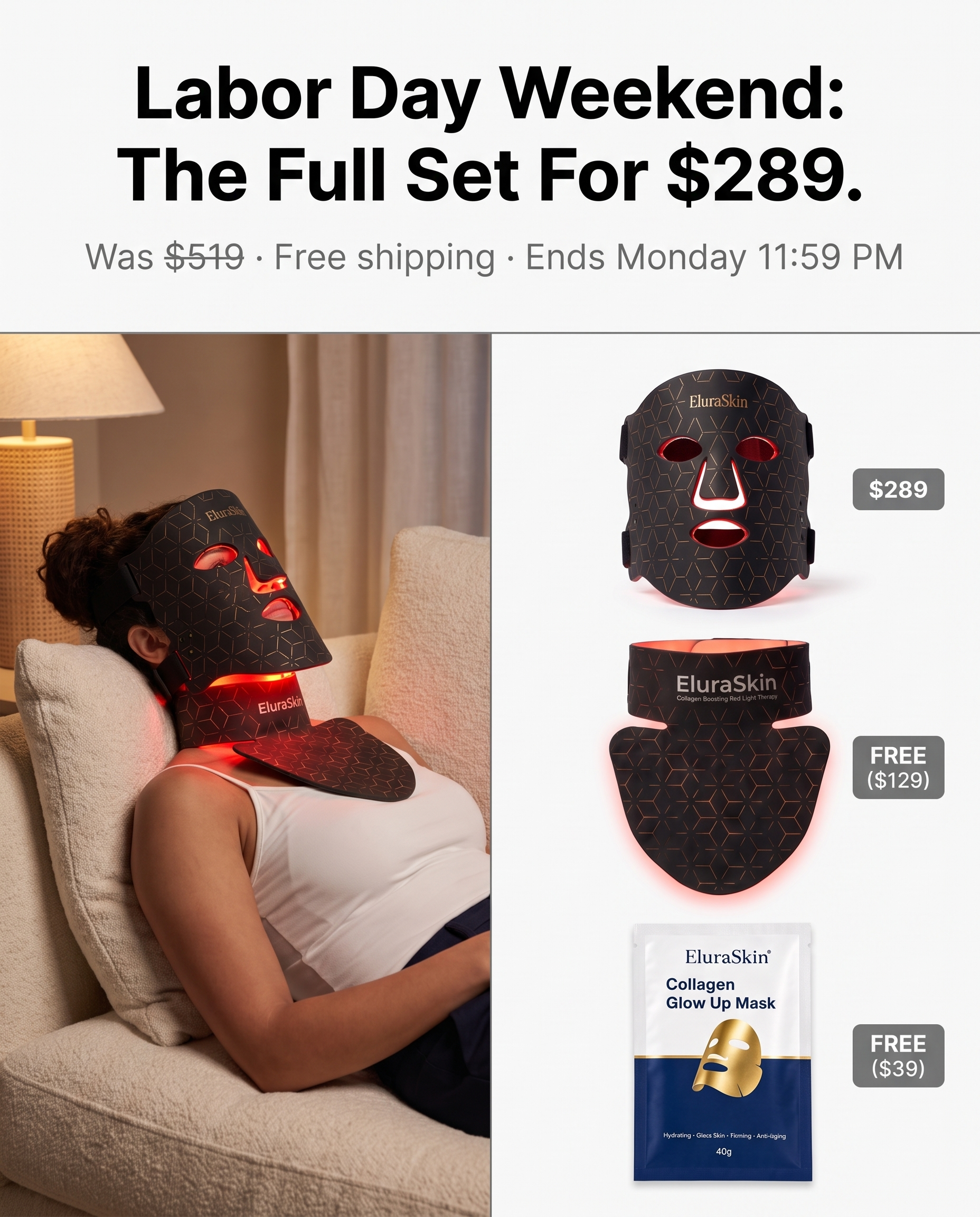 Elura Skin Facebook ad: Free $129 Neck Pad This Weekend