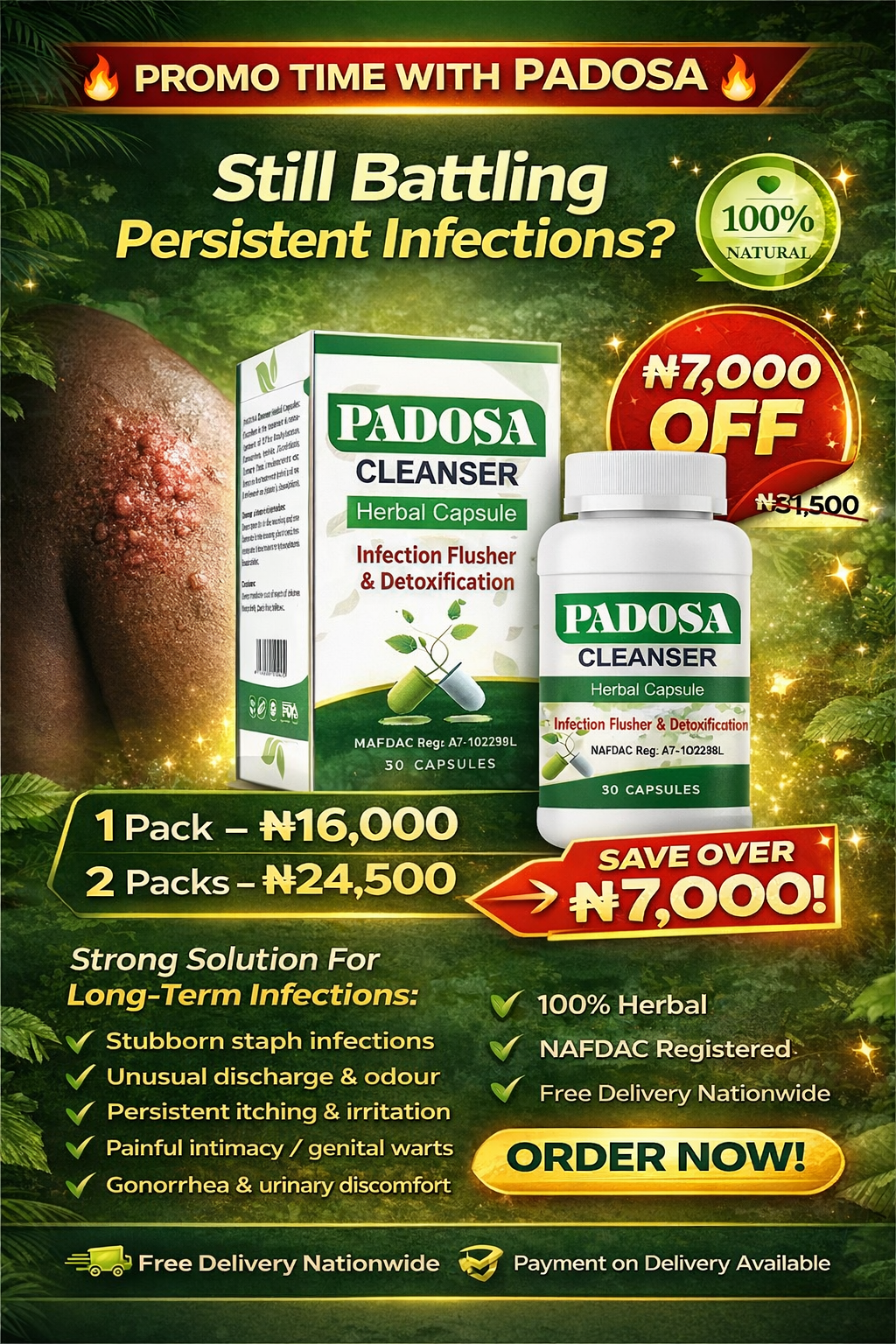 Padosa Infection Cleanser Facebook ad: 7000 Naira Off Price. Free Delivery and Payment on delivery
