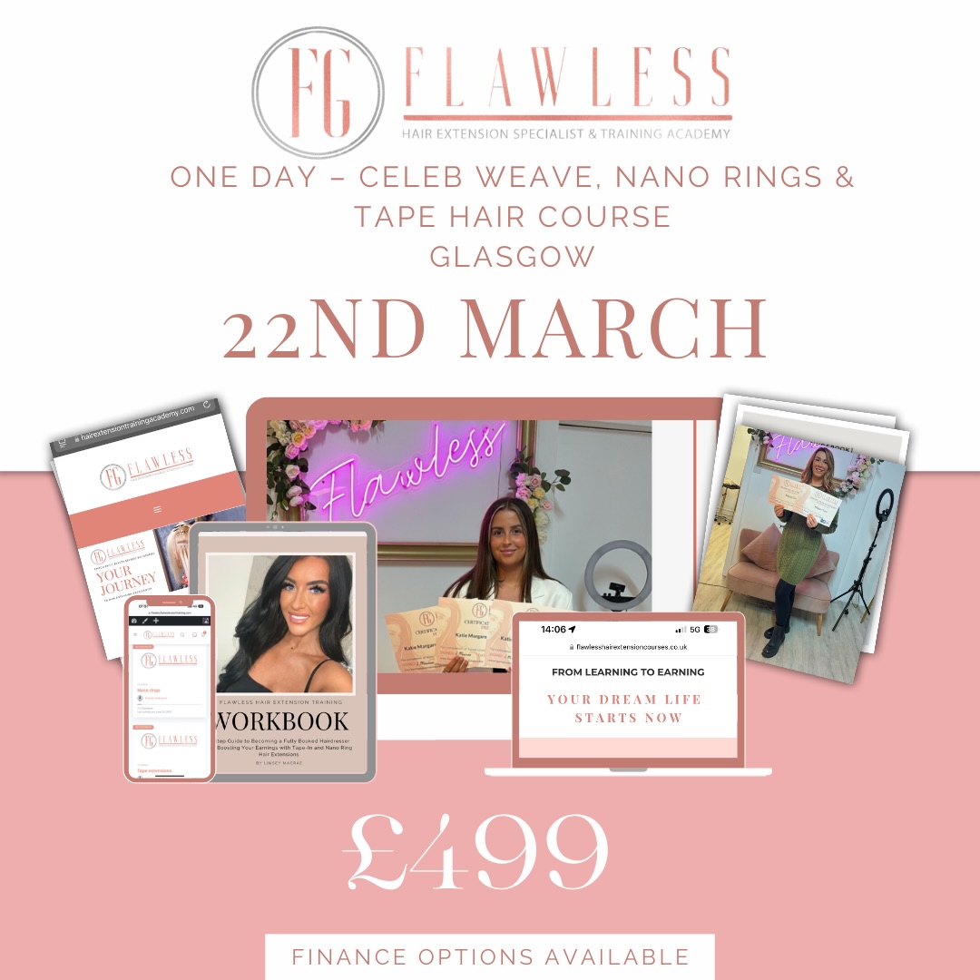 Flawless Hair Extension Courses Facebook ad: One Day - Celeb Weave, Nano Rings & Tape Course - Hair…