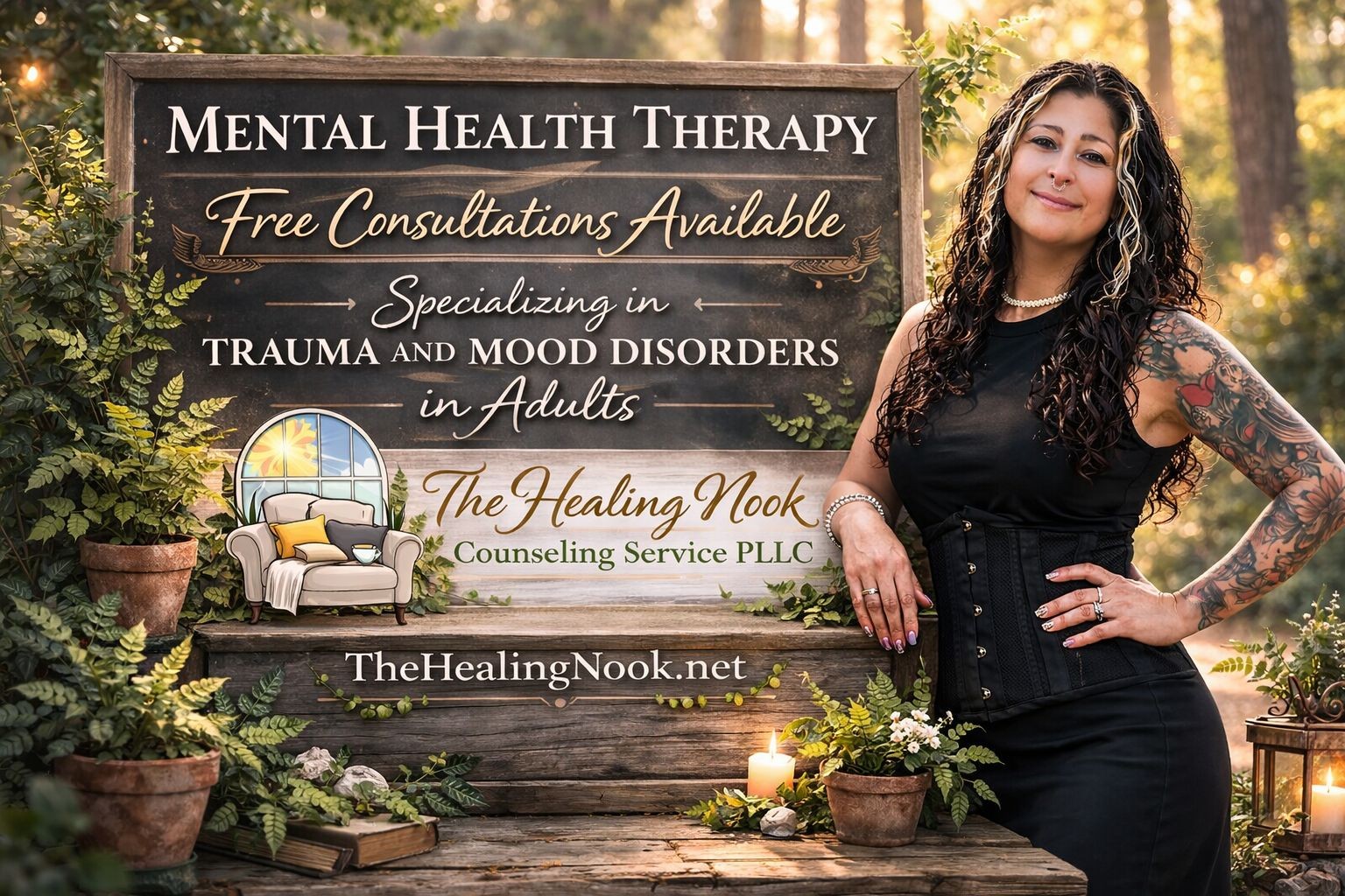 The Healing Nook Counseling Service PLLC Facebook ad: Book a free consultation to see if I…