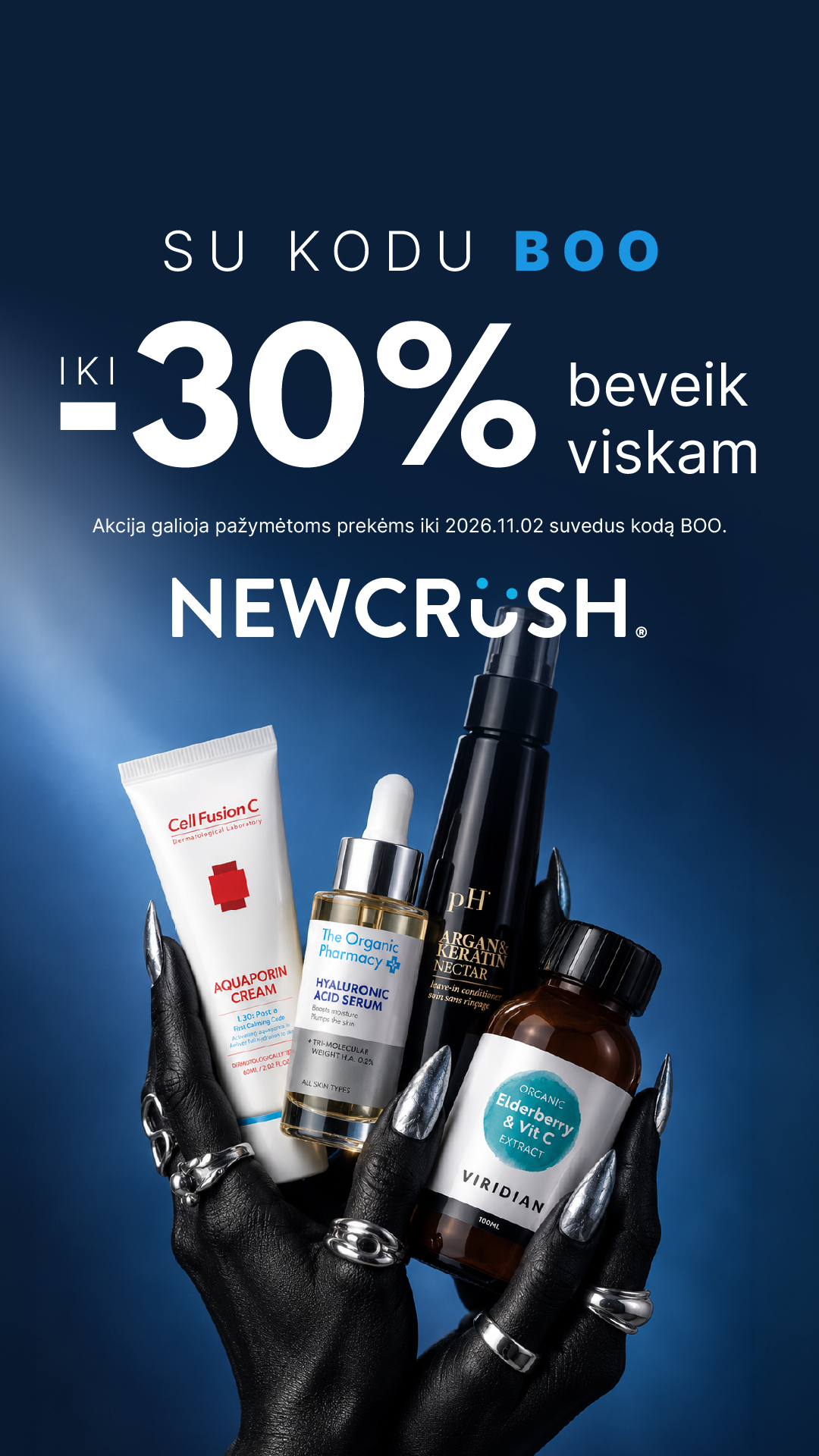 Newcrush Facebook ad: iki 30% beveik viskam su kodu BOO