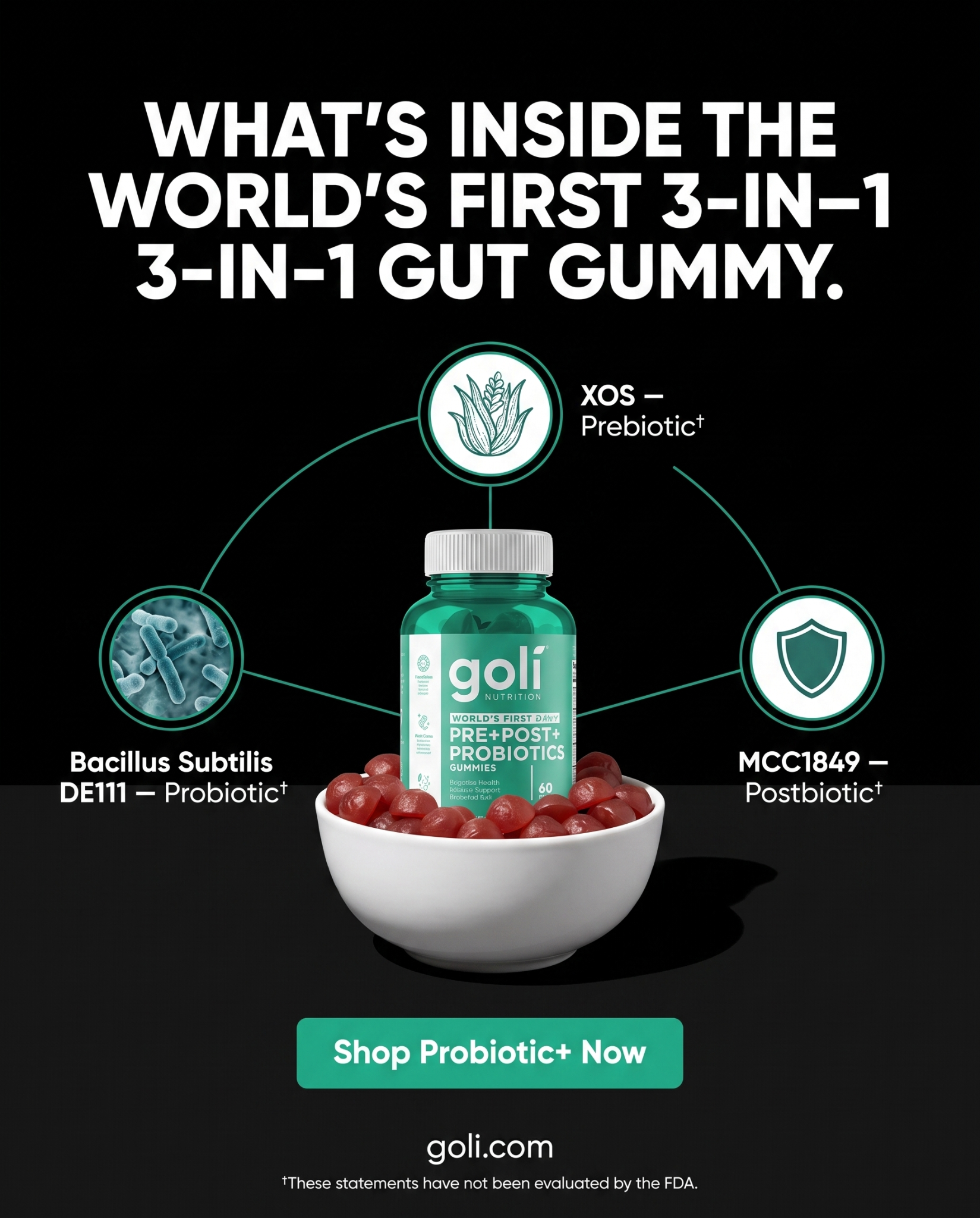 Goli Facebook ad: World's First 3 in 1 Probiotic Gummy