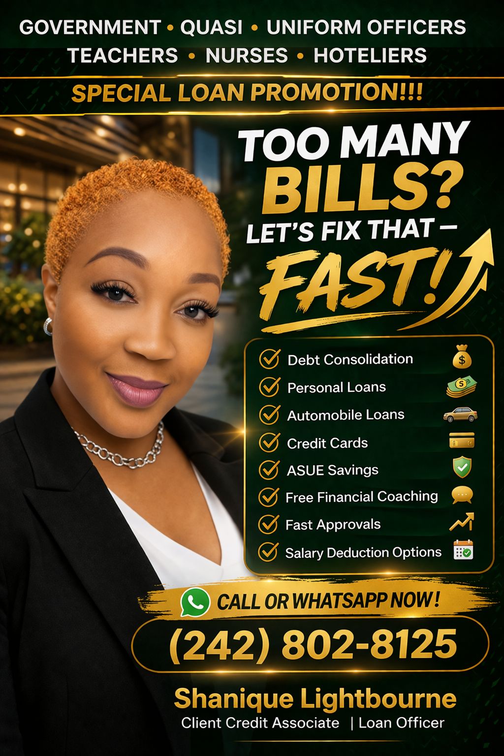 Shanique Lightbourne Facebook ad: Helping Government & Quasi employees access fast…