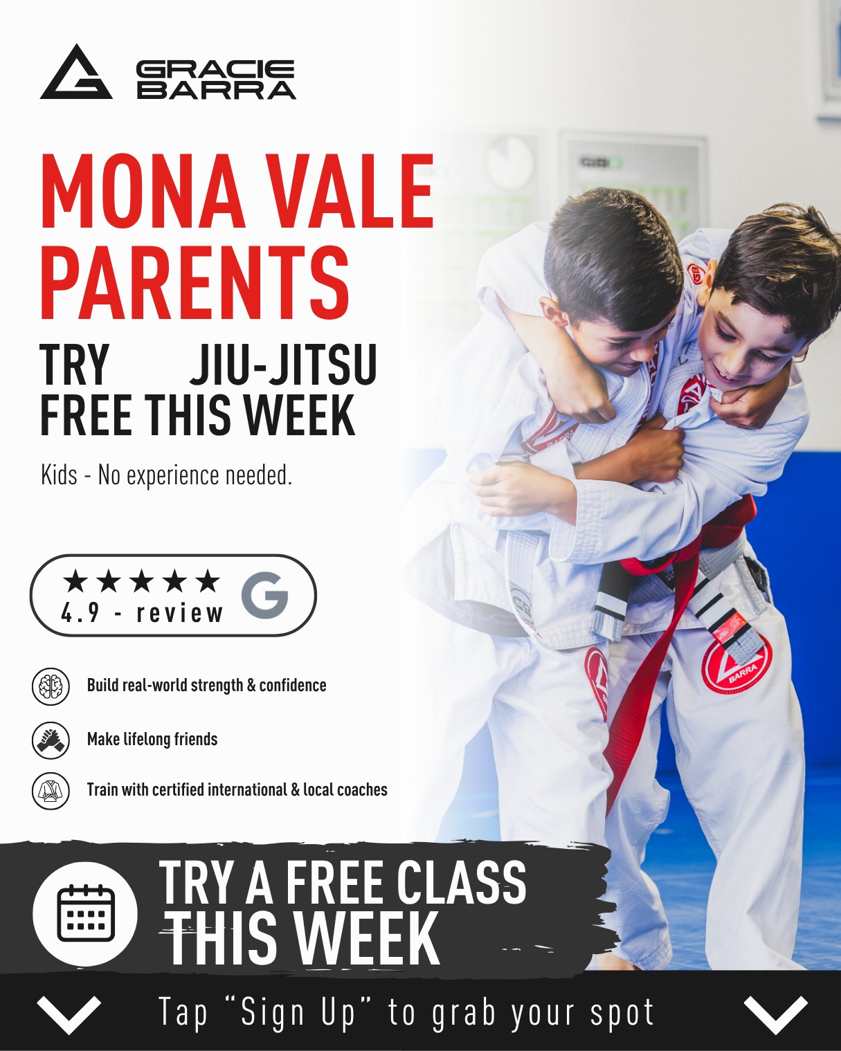 Gracie Barra Mona Vale Facebook ad: Strong Kids, Bright Futures Start at Gracie Barra