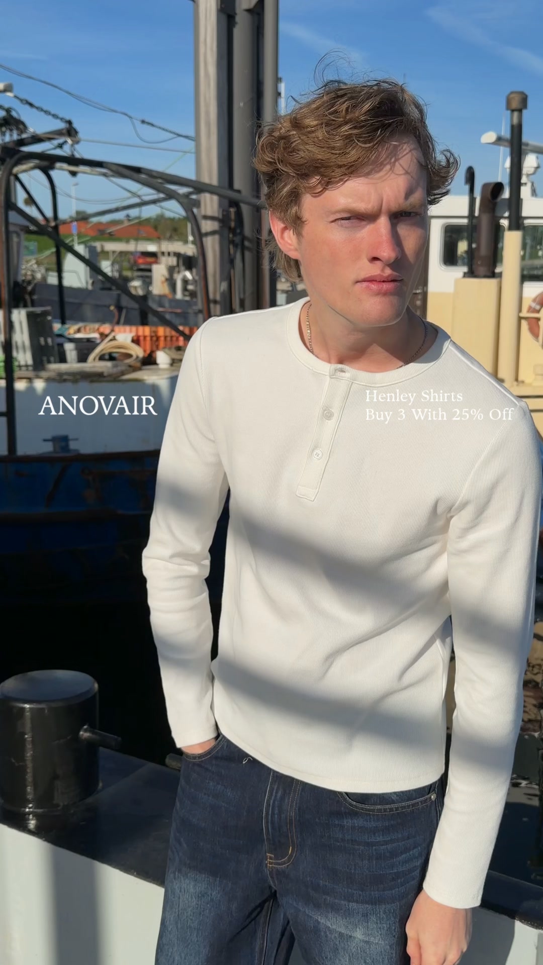 Anovair Facebook ad: Bestselling Henley Shirts, Buy 3 & Save 25%