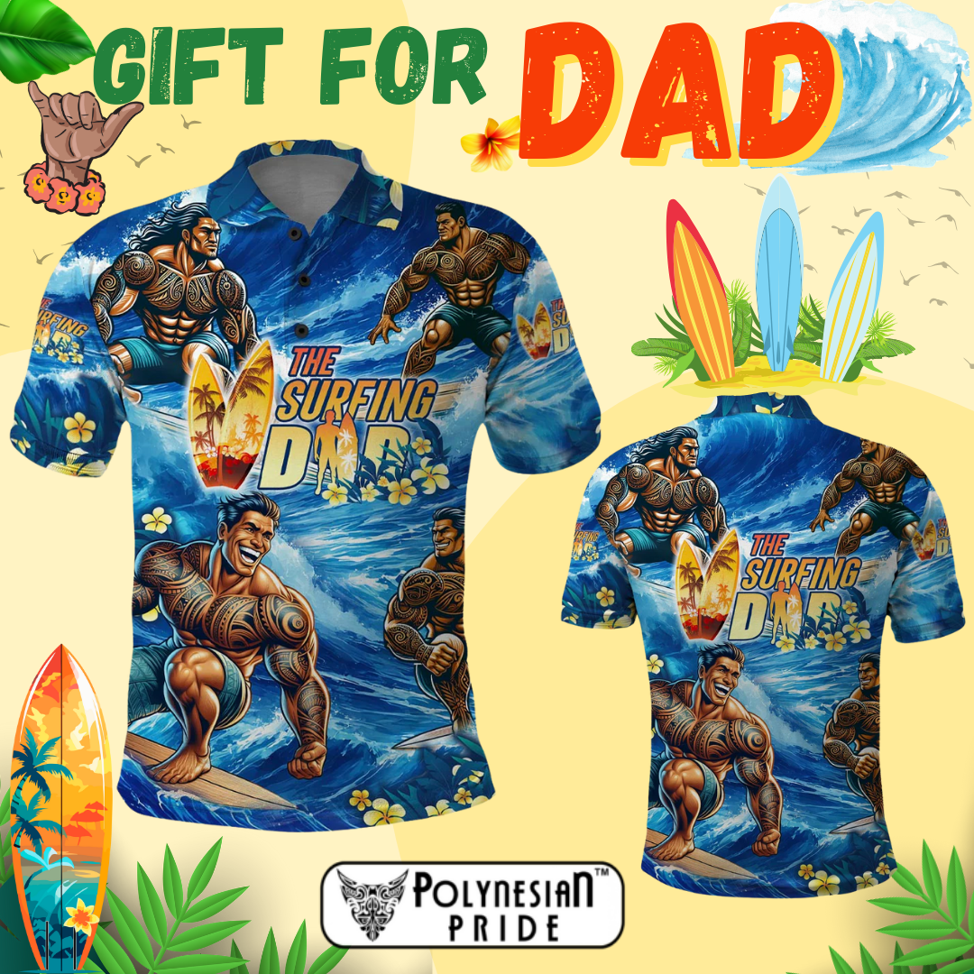100% Hawaii Facebook ad: Father's Day Polo Shirt The Surfing Dad Polynesian Tattoo